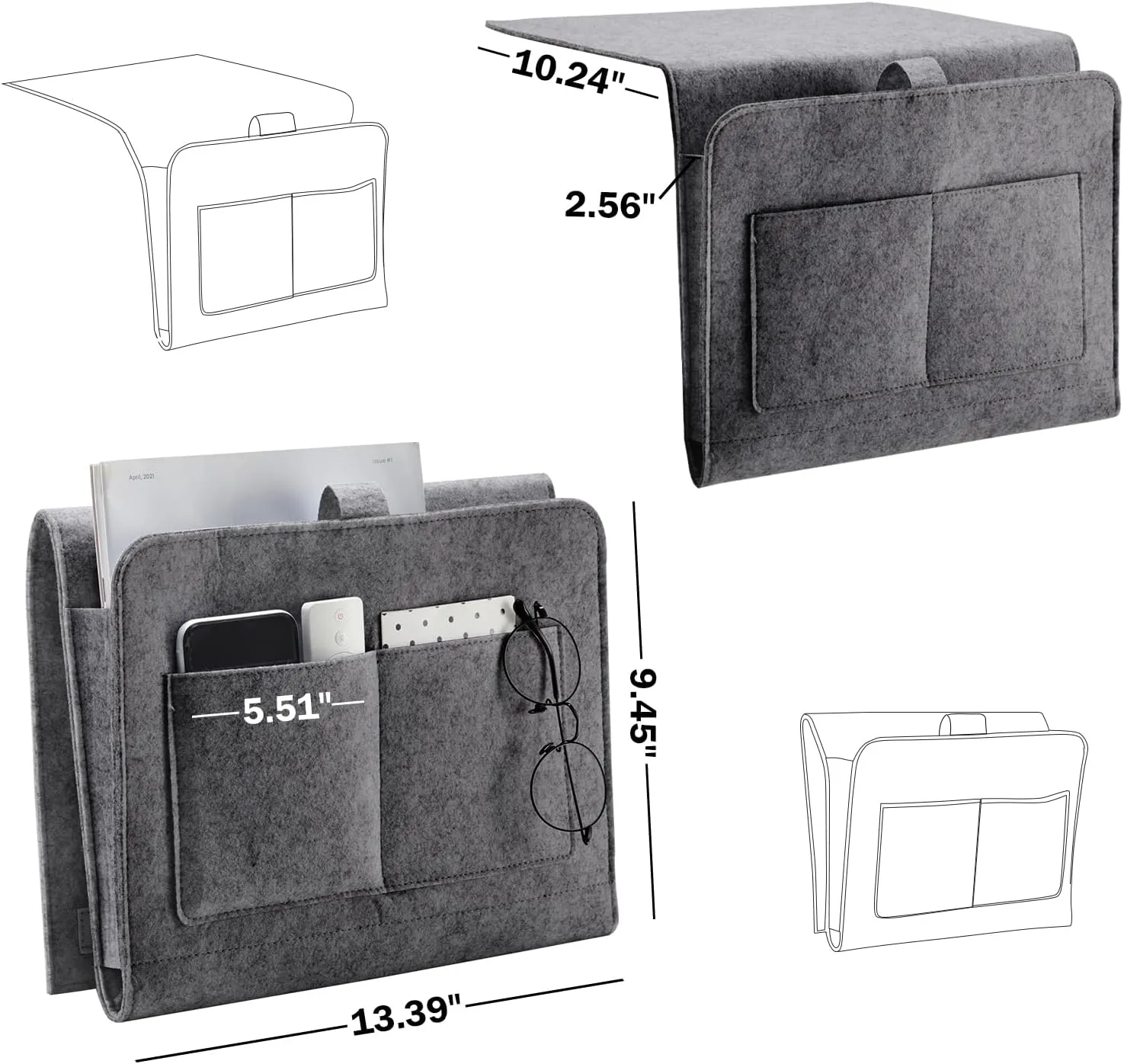 Bedside Caddy, Bedside Organizer for Dorm Room, Bunk Bed, Grey