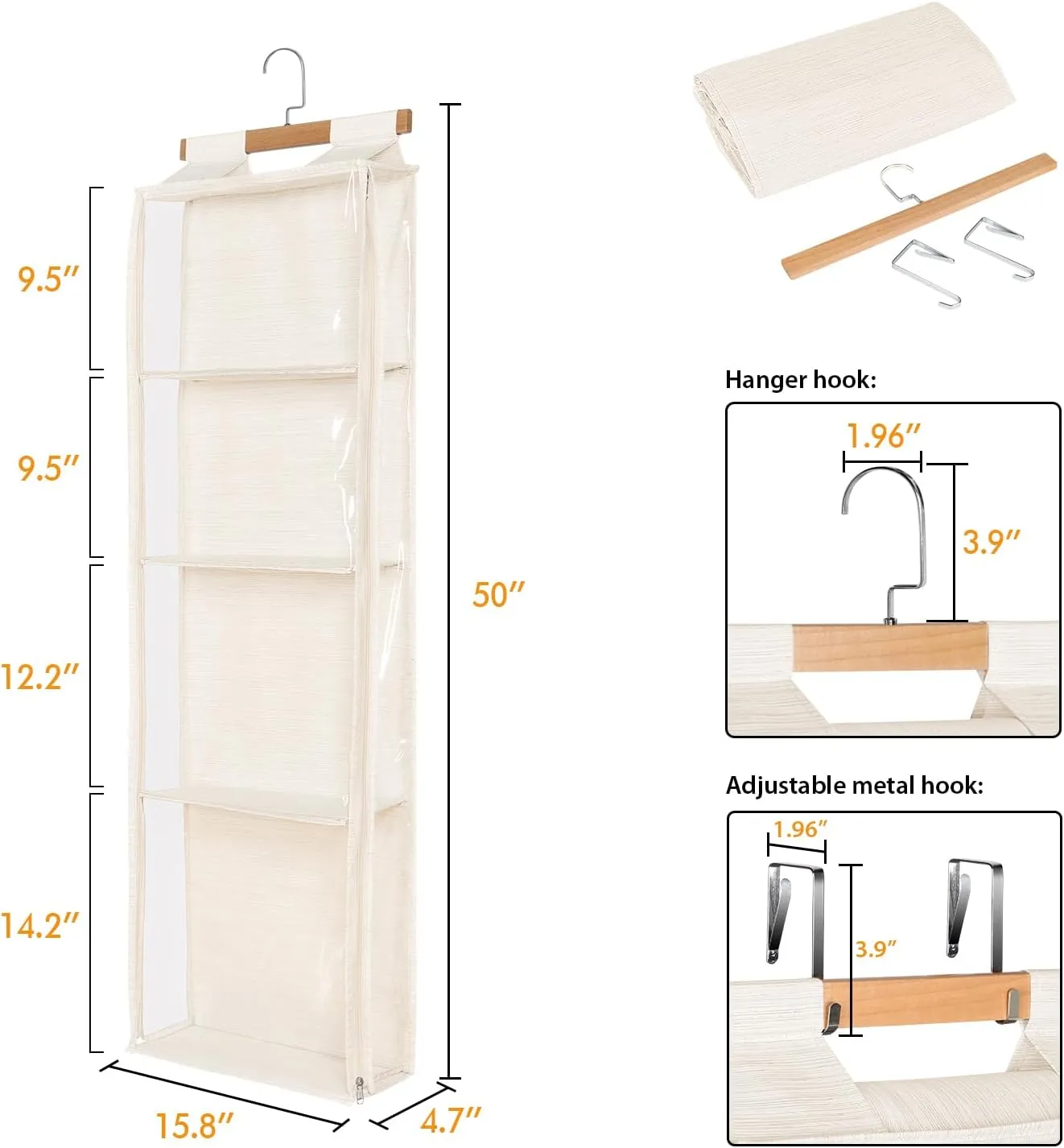 Beige Hanging Yarn Storage with 4 Large Pockets, Clear Knitting Organizer Storage with Zippers for Crochet Lovers, Hanging Yarn Holder with Over-Door Hooks for Knitting Needles Crochet Hooks