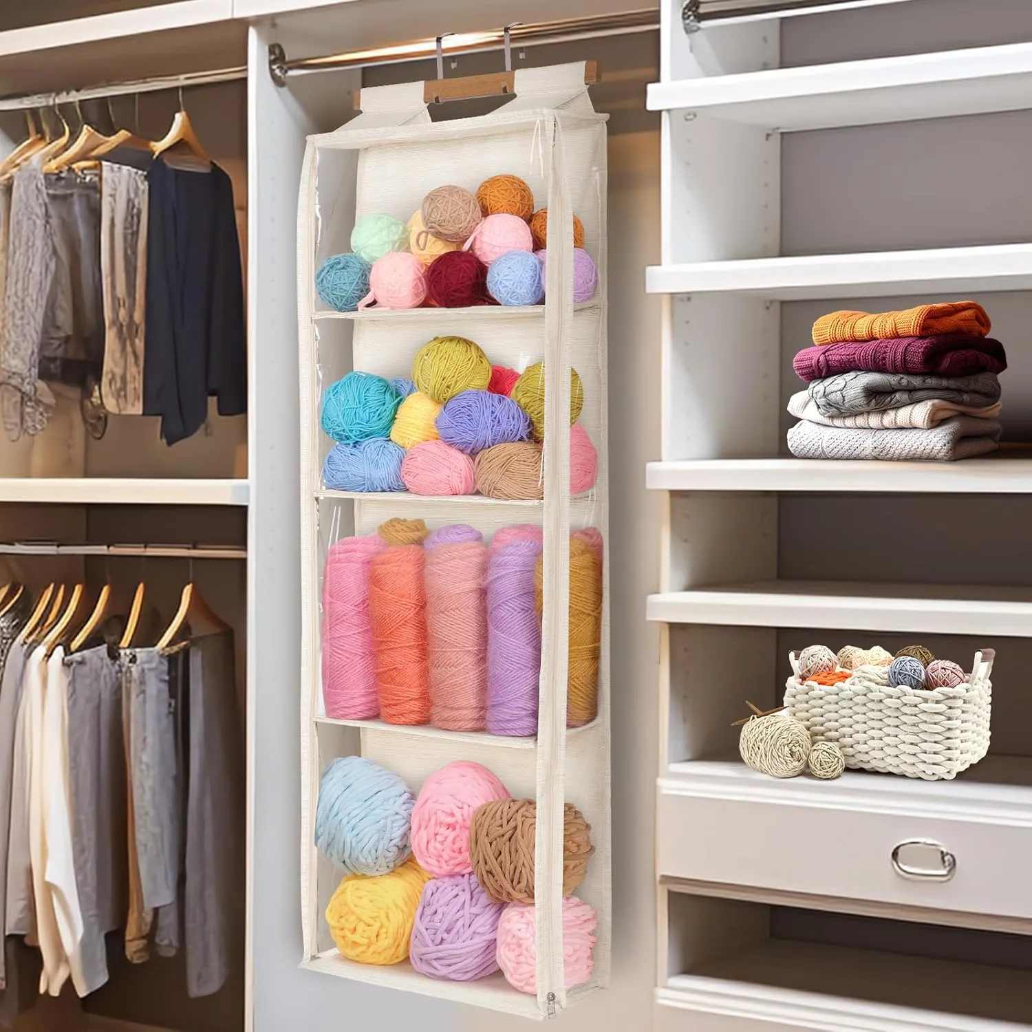 Beige Hanging Yarn Storage with 4 Large Pockets, Clear Knitting Organizer Storage with Zippers for Crochet Lovers, Hanging Yarn Holder with Over-Door Hooks for Knitting Needles Crochet Hooks