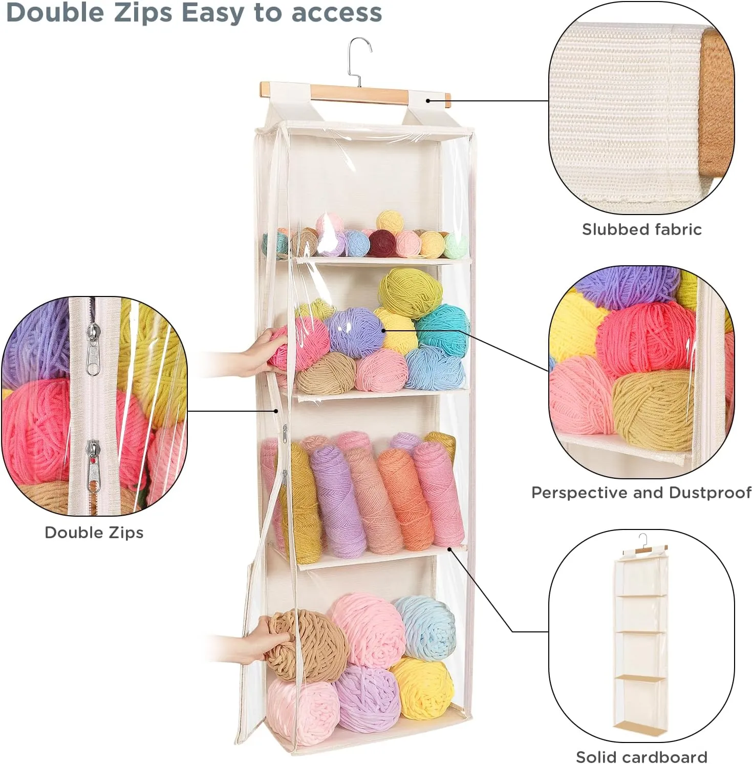 Beige Hanging Yarn Storage with 4 Large Pockets, Clear Knitting Organizer Storage with Zippers for Crochet Lovers, Hanging Yarn Holder with Over-Door Hooks for Knitting Needles Crochet Hooks
