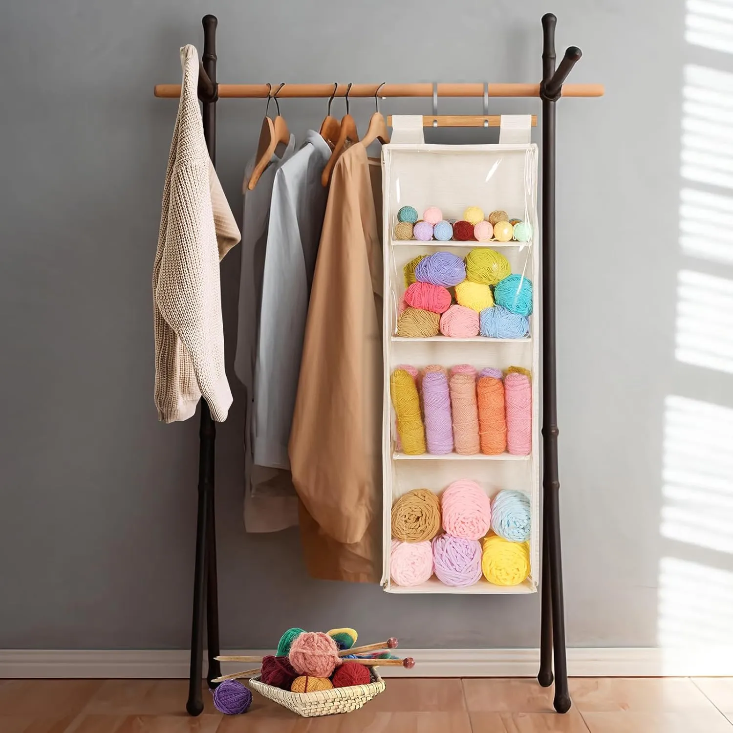 Beige Hanging Yarn Storage with 4 Large Pockets, Clear Knitting Organizer Storage with Zippers for Crochet Lovers, Hanging Yarn Holder with Over-Door Hooks for Knitting Needles Crochet Hooks