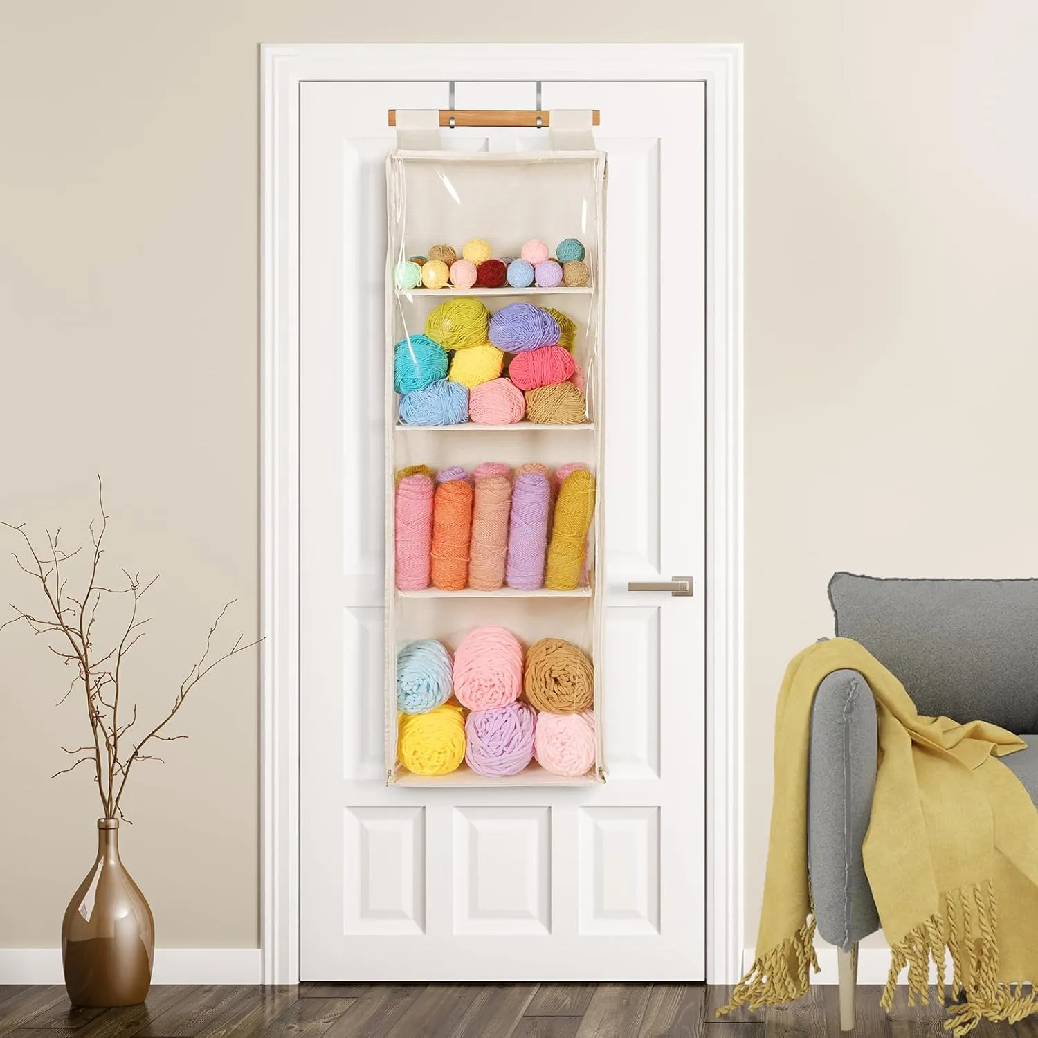 Beige Hanging Yarn Storage with 4 Large Pockets, Clear Knitting Organizer Storage with Zippers for Crochet Lovers, Hanging Yarn Holder with Over-Door Hooks for Knitting Needles Crochet Hooks