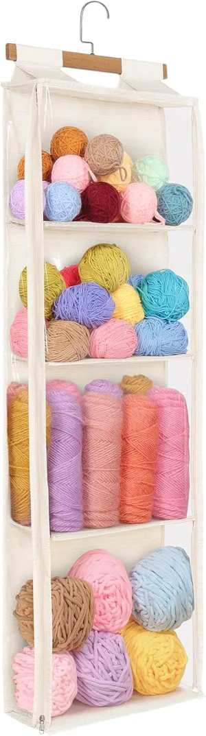Beige Hanging Yarn Storage with 4 Large Pockets, Clear Knitting Organizer Storage with Zippers for Crochet Lovers, Hanging Yarn Holder with Over-Door Hooks for Knitting Needles Crochet Hooks