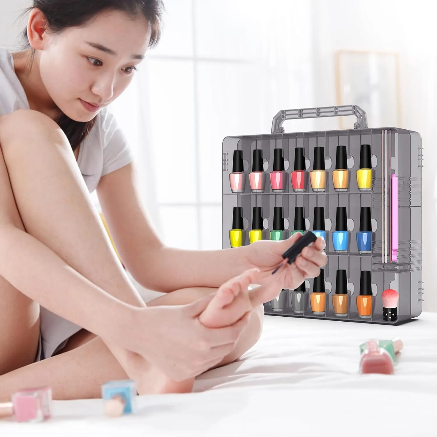 Beloving 2pcs Nail Polish Organizer, Portable 48 Bottles Clear Nail Polish Holder with Adjustable Divider, Gel Nail Polish Storage Double Side Nail Polish Organizer Case for Nail Tech Grey