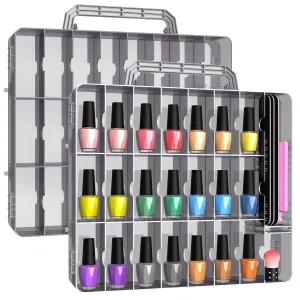 Beloving 2pcs Nail Polish Organizer, Portable 48 Bottles Clear Nail Polish Holder with Adjustable Divider, Gel Nail Polish Storage Double Side Nail Polish Organizer Case for Nail Tech Grey