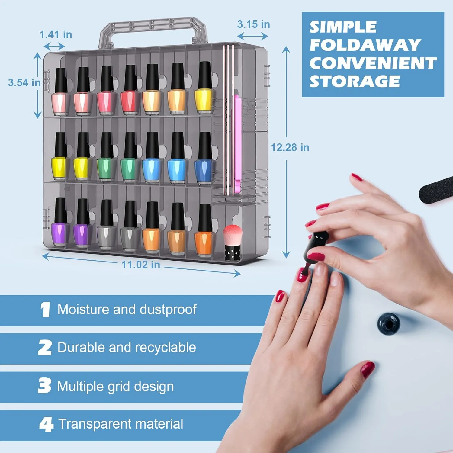 Beloving 2pcs Nail Polish Organizer, Portable 48 Bottles Clear Nail Polish Holder with Adjustable Divider, Gel Nail Polish Storage Double Side Nail Polish Organizer Case for Nail Tech Grey