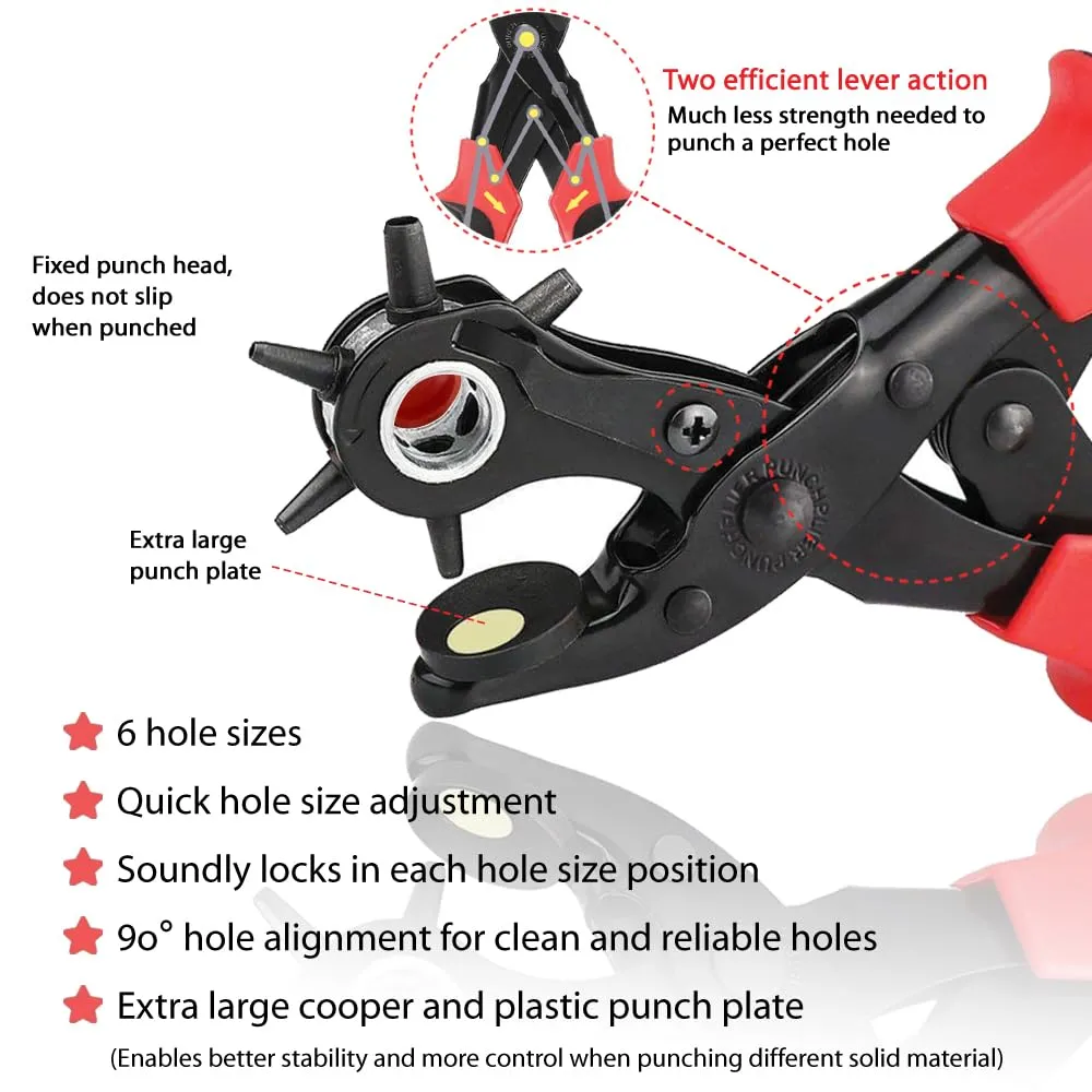 Belt Hole Puncher with 240 Sets of Leather Rivets - Updated Hole Sizes Puncher for Belt, Watch Band, Strap, Dog Collar, Saddle, Shoes, Fabric, DIY Home or Craft Project