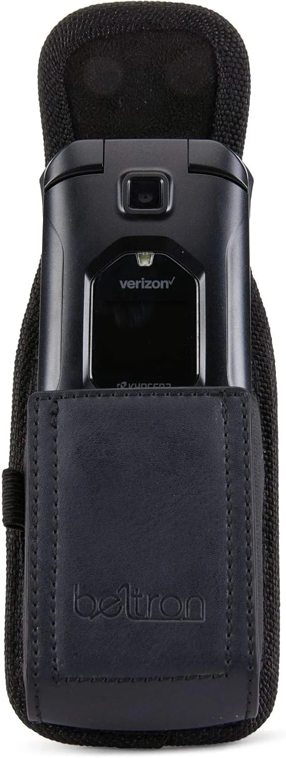 BELTRON Case for Kyocera Flip Phone, DuraXE Epic E4830, DuraXV Extreme E4810 E4811, DuraXE E4710, Sonim Flip Features: Heavy Duty Belt Loop, Metal Belt Clip & Dual Magnet Closure (Black Leather)