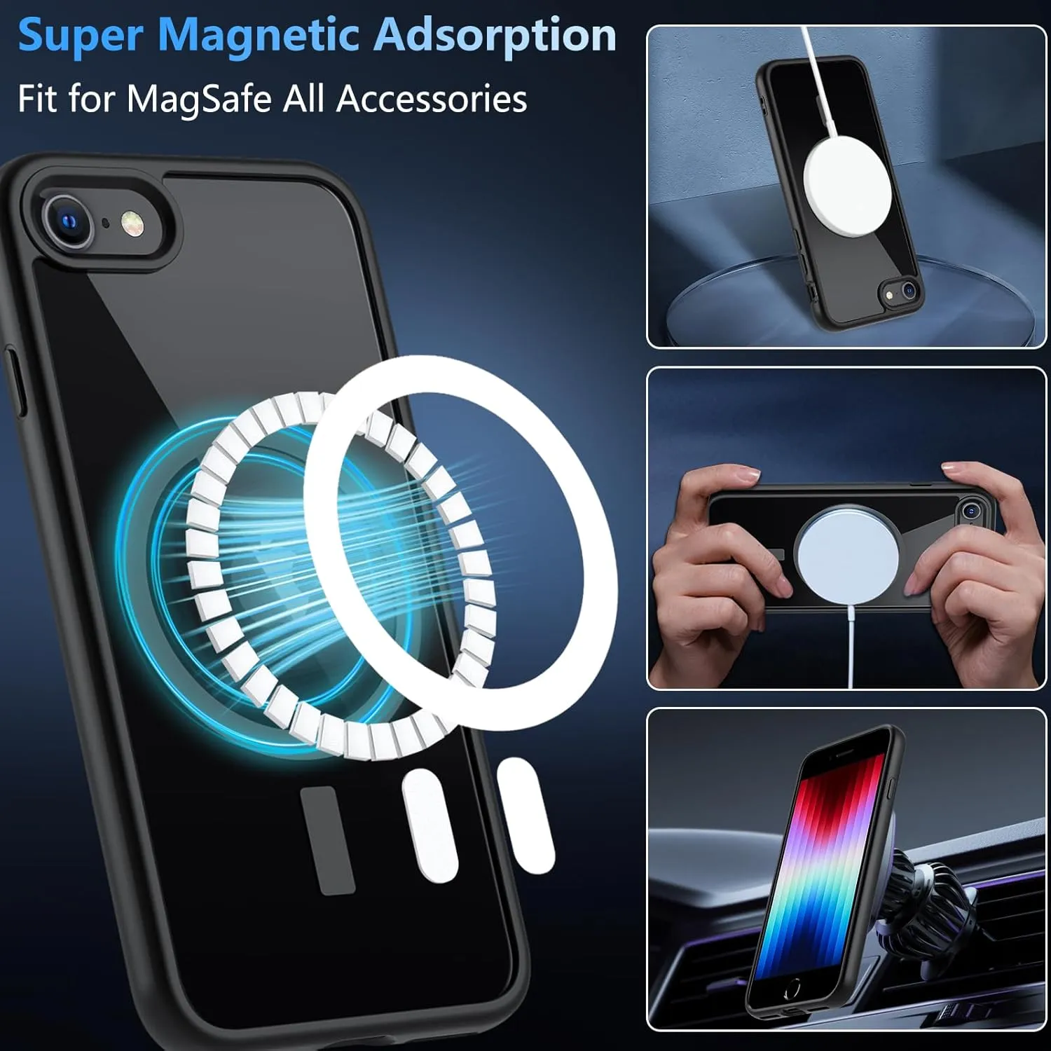 BESINPO Magnetic Case for iPhone SE 2022/SE 2020/8/7 Case, with Tempered Glass Screen Protector, [Compatible with MagSafe], Military Drop Shockproof Cover for iPhone SE 3/SE 2/8/7 4.7 inch,Black