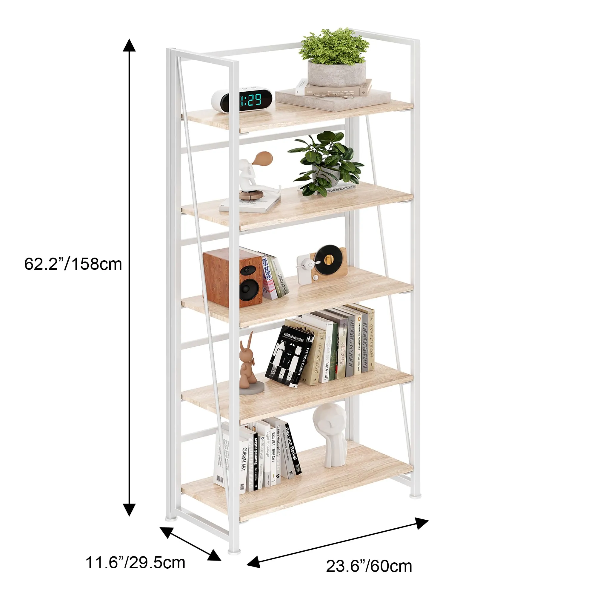 BHG Vintage Multifunctional Folding Bookshelf, No-Assembly Plant Stand Storage Rack Shelves for Home Office (White, 5-Tier)