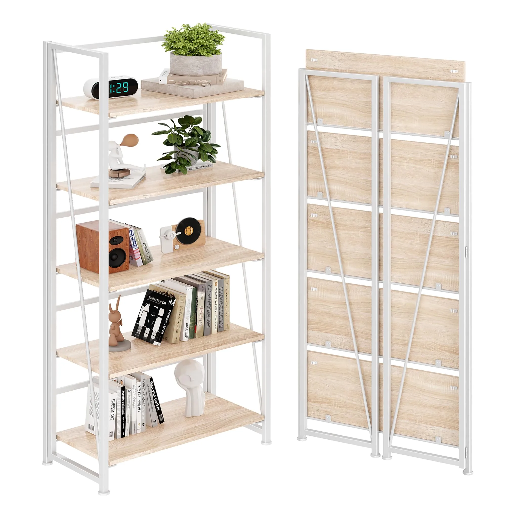 BHG Vintage Multifunctional Folding Bookshelf, No-Assembly Plant Stand Storage Rack Shelves for Home Office (White, 5-Tier)