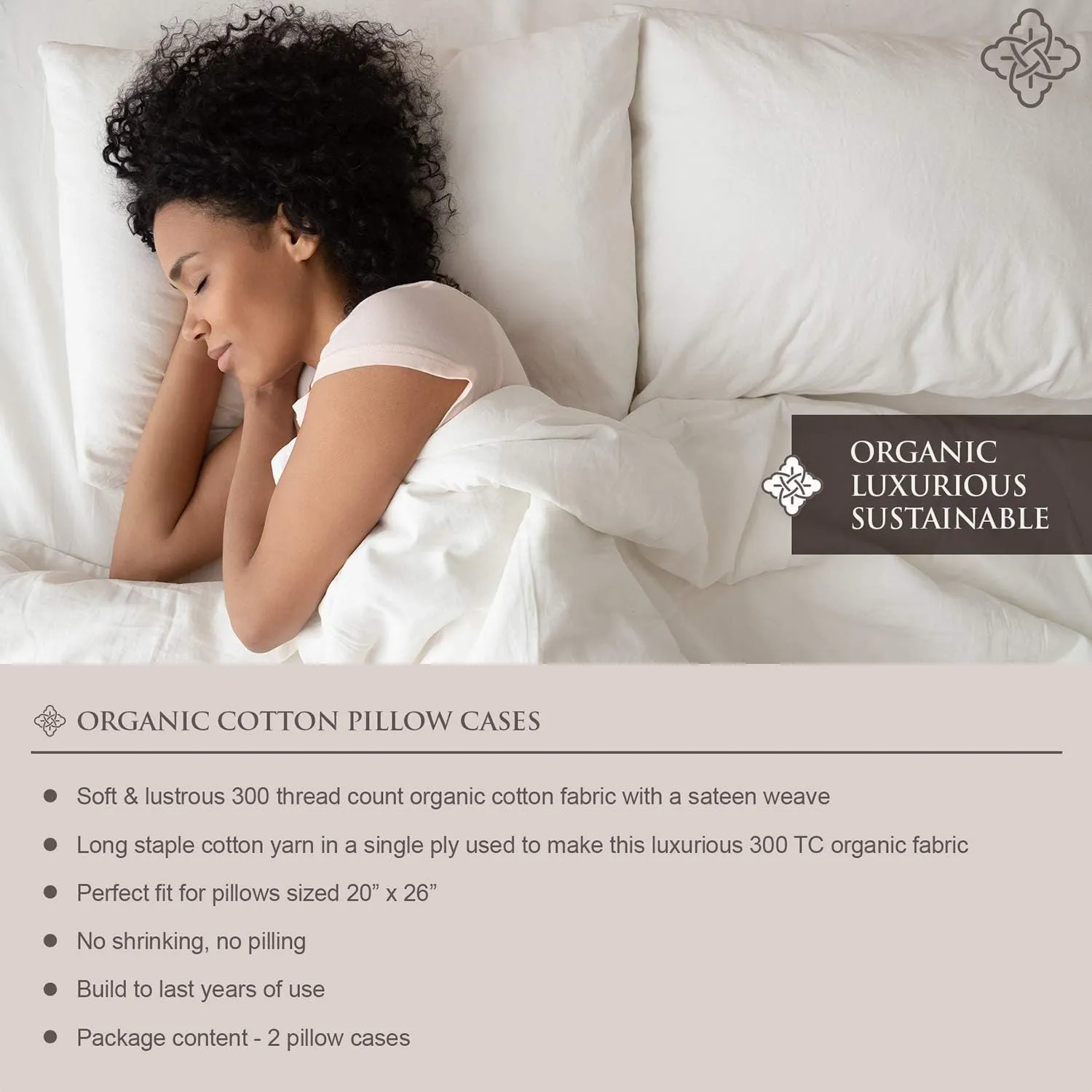 BIOWEAVES 100% Organic Cotton Pillow Cases 300 Thread Count Soft Sateen Weave GOTS Certified – Standard/Queen Size, Set of 2, Grey