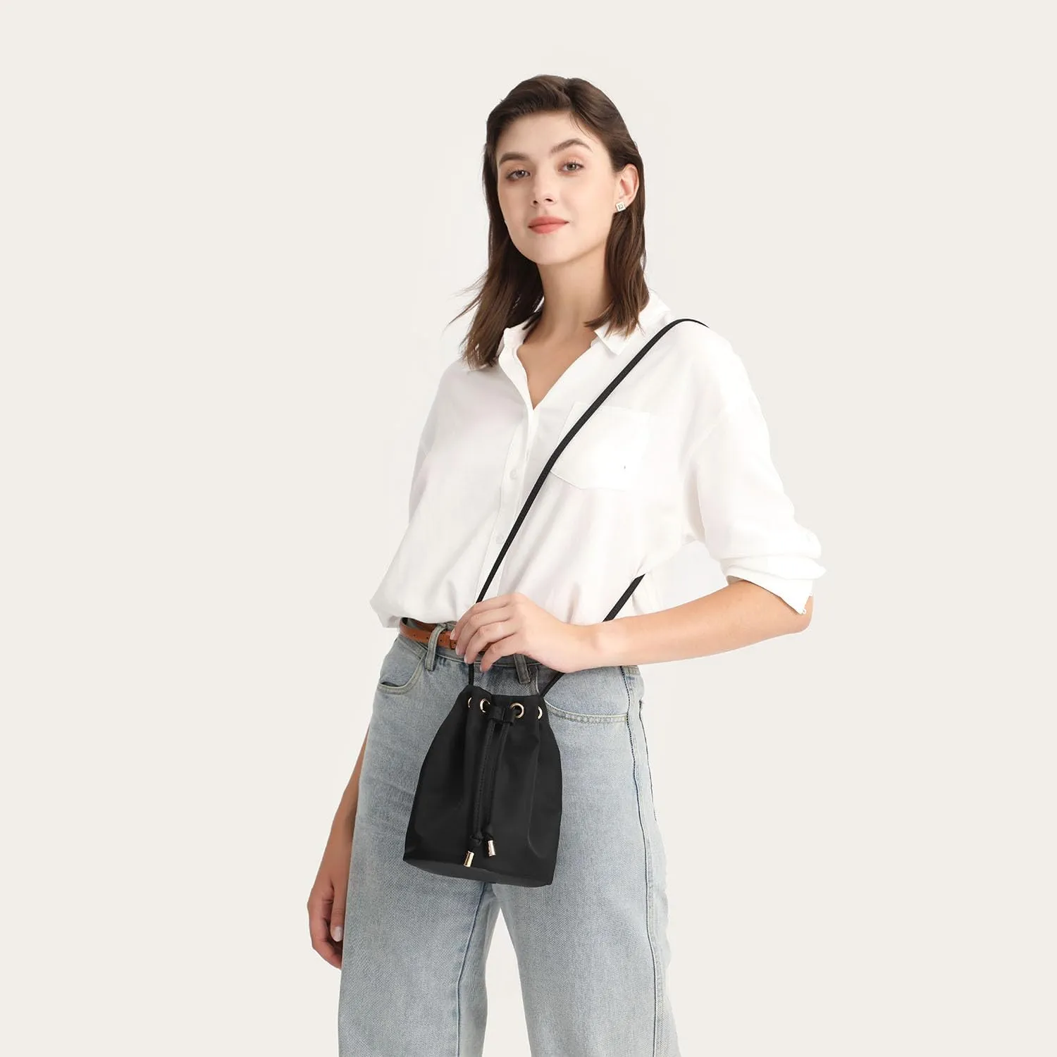 Black Drawstring Crossbody Bag Nylon Fabric Large Capacity Organizer Bag with Gold Tone Hardware