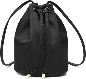 Black Drawstring Crossbody Bag Nylon Fabric Large Capacity Organizer Bag with Gold Tone Hardware