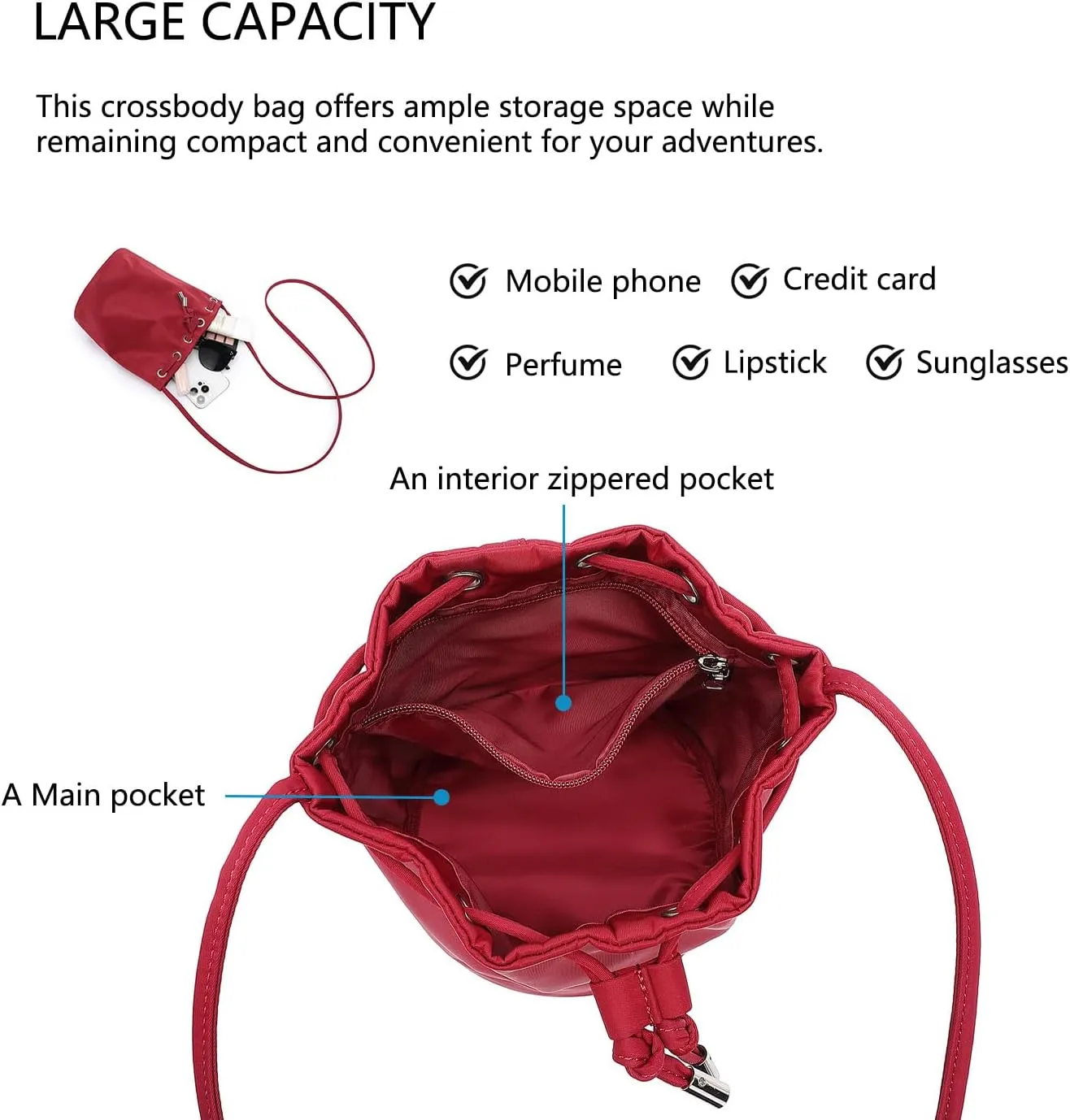 Black Drawstring Crossbody Bag Nylon Fabric Large Capacity Organizer Bag with Gold Tone Hardware