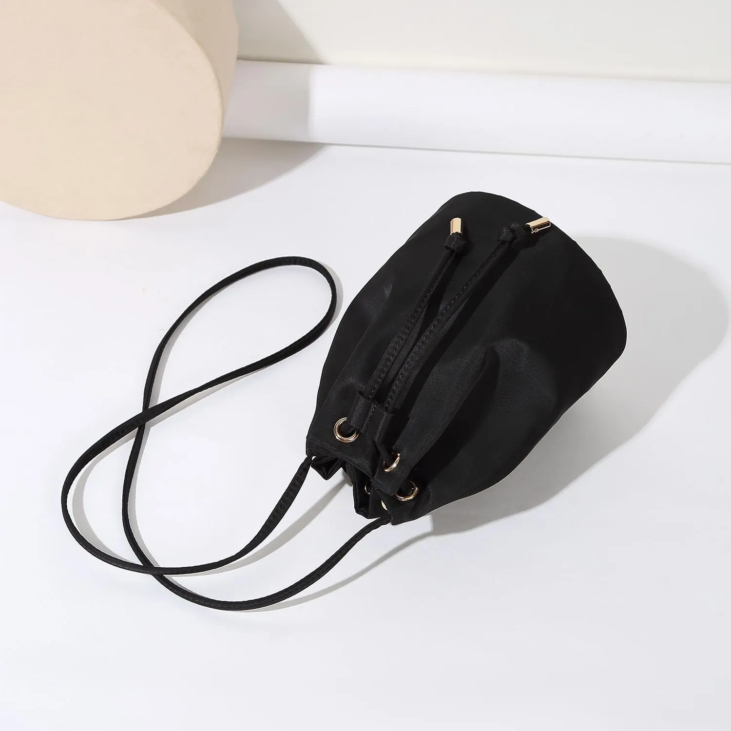 Black Drawstring Crossbody Bag Nylon Fabric Large Capacity Organizer Bag with Gold Tone Hardware