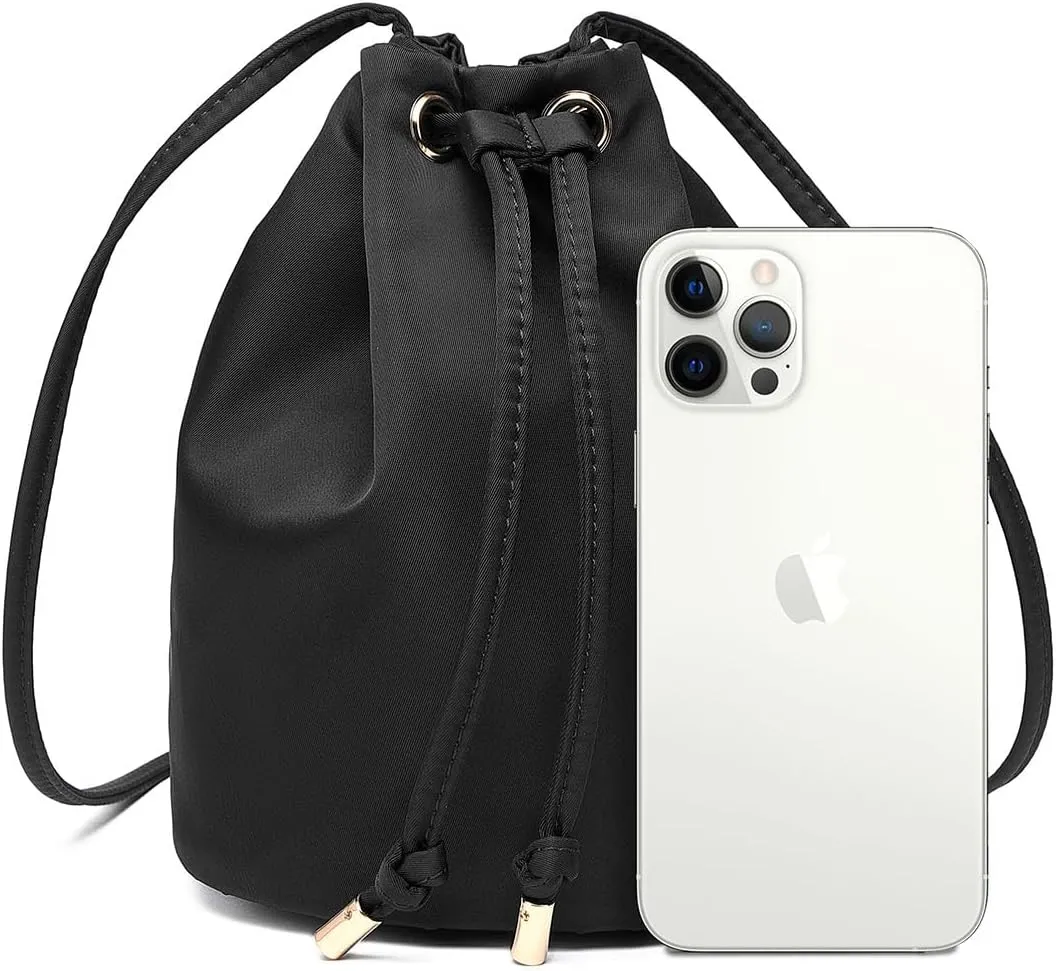 Black Drawstring Crossbody Bag Nylon Fabric Large Capacity Organizer Bag with Gold Tone Hardware