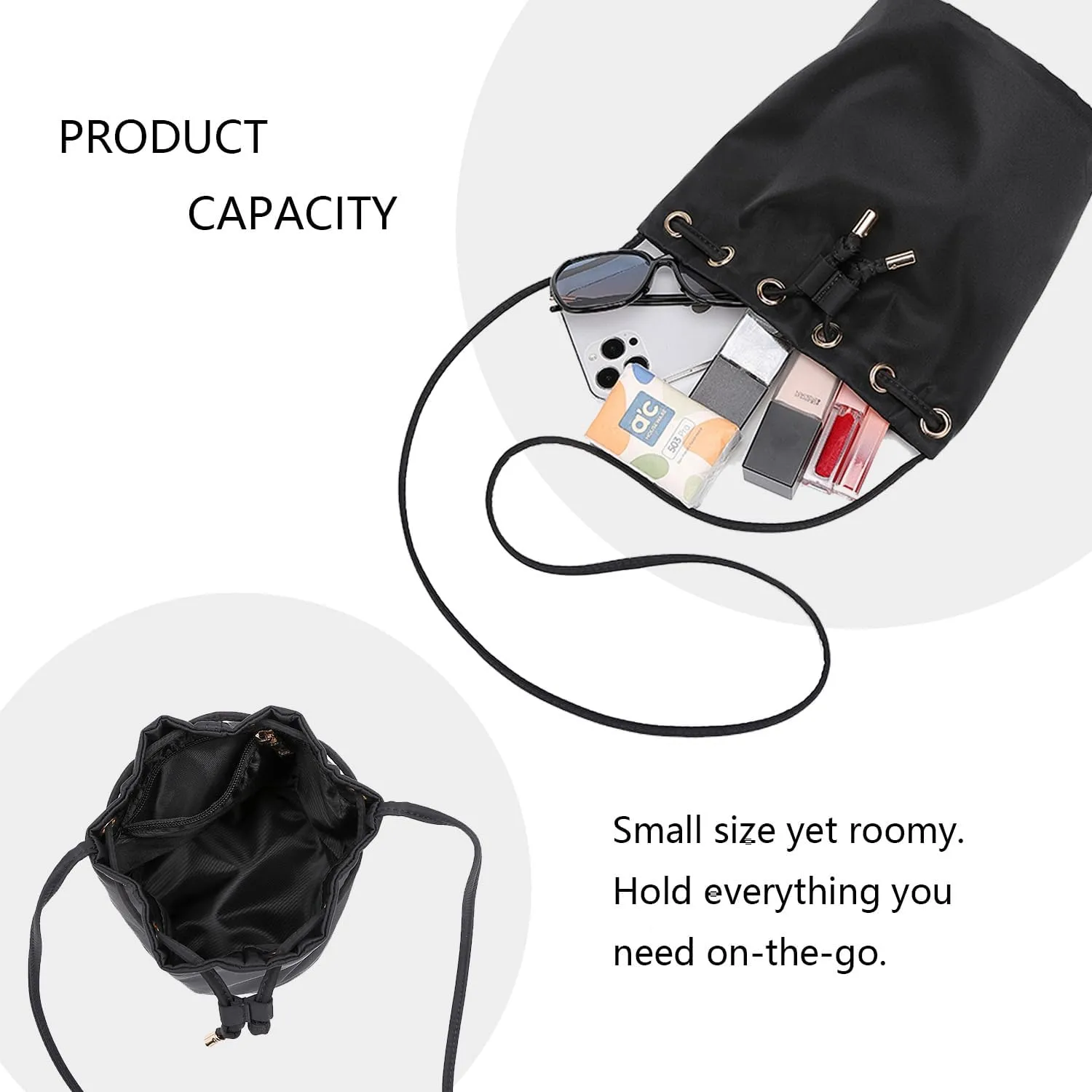 Black Drawstring Crossbody Bag Nylon Fabric Large Capacity Organizer Bag with Gold Tone Hardware