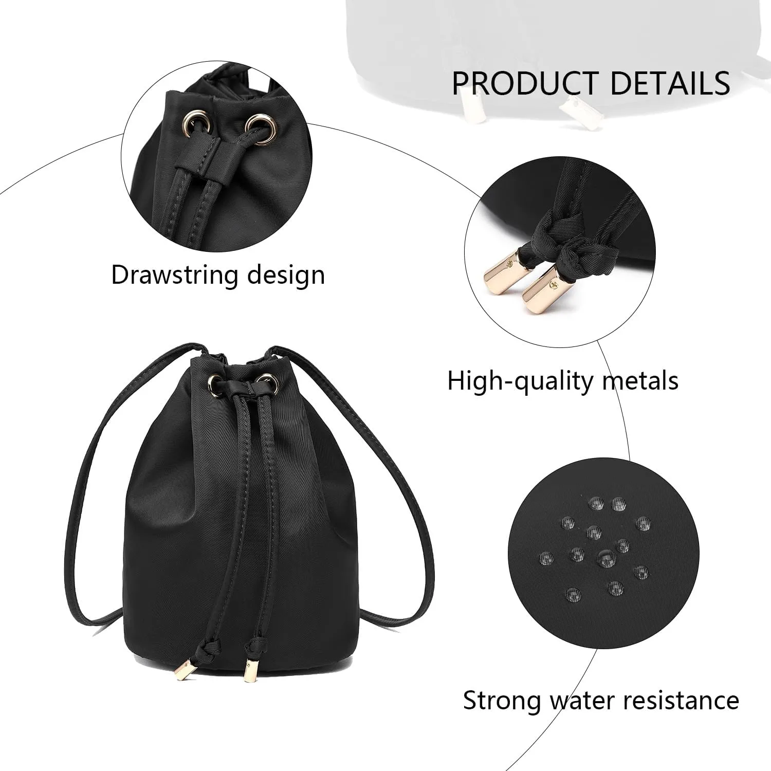 Black Drawstring Crossbody Bag Nylon Fabric Large Capacity Organizer Bag with Gold Tone Hardware
