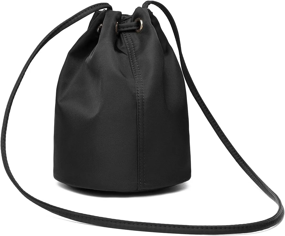 Black Drawstring Crossbody Bag Nylon Fabric Large Capacity Organizer Bag with Gold Tone Hardware