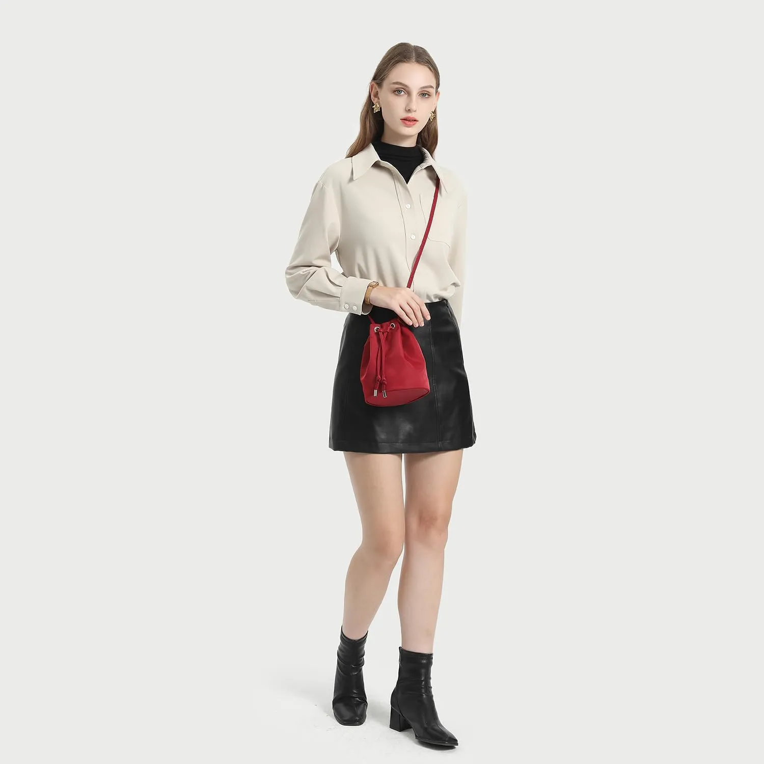 Black Drawstring Crossbody Bag Nylon Fabric Large Capacity Organizer Bag with Gold Tone Hardware