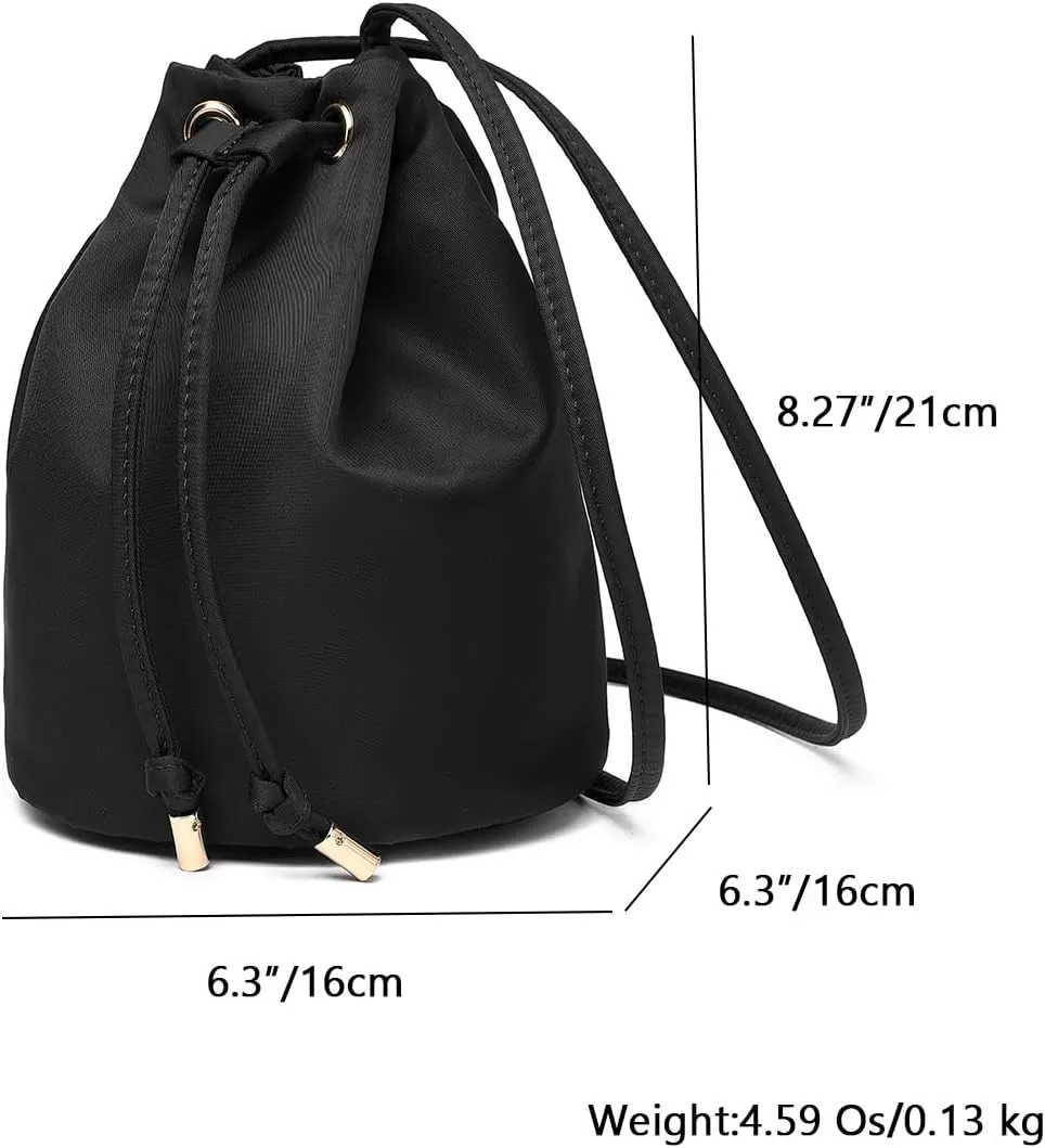 Black Drawstring Crossbody Bag Nylon Fabric Large Capacity Organizer Bag with Gold Tone Hardware
