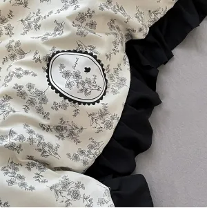Black Floral Pattern Duvet Cover Set Full Size with Ruffled,4Pcs Cotton Quilt Cover,Romantic Princess Comforter Cover with Zipper Closure for Teen Girls(Flower B,Twin(3pcs))