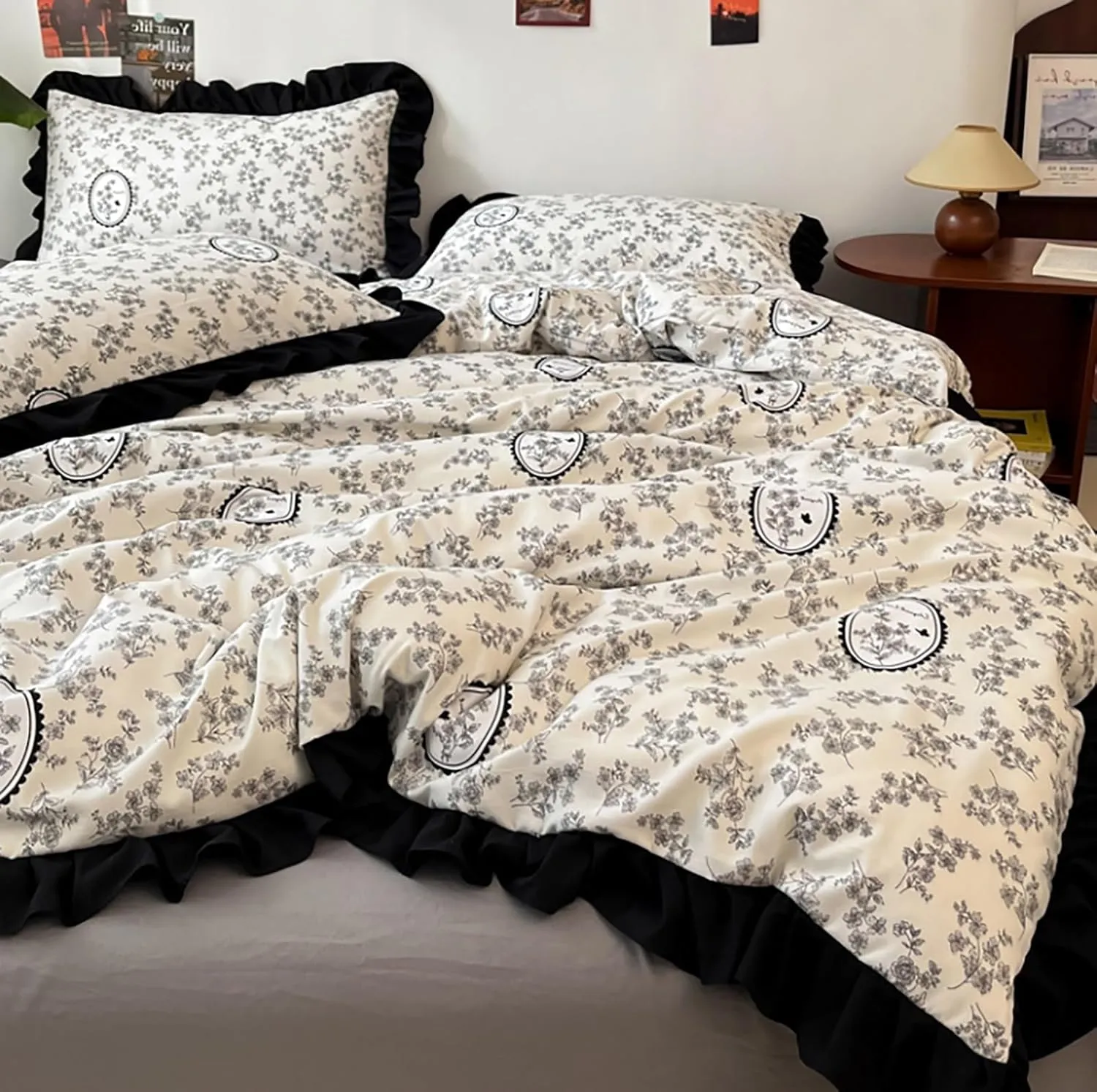 Black Floral Pattern Duvet Cover Set Full Size with Ruffled,4Pcs Cotton Quilt Cover,Romantic Princess Comforter Cover with Zipper Closure for Teen Girls(Flower B,Twin(3pcs))