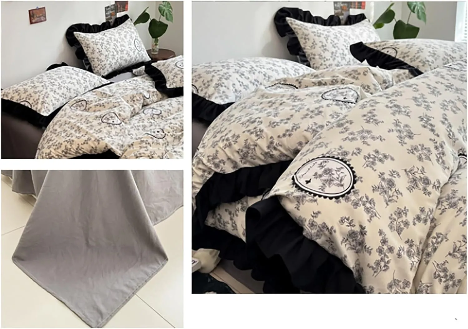 Black Floral Pattern Duvet Cover Set Full Size with Ruffled,4Pcs Cotton Quilt Cover,Romantic Princess Comforter Cover with Zipper Closure for Teen Girls(Flower B,Twin(3pcs))