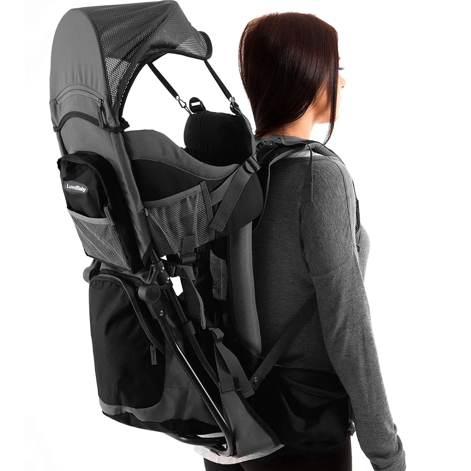 Black Hiking Baby Carrier Backpack System with Diaper Change Pad, Insulated Pocket   Hood to Protect Your Child