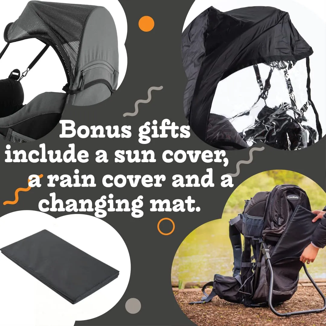 Black Hiking Baby Carrier Backpack System with Diaper Change Pad, Insulated Pocket   Hood to Protect Your Child