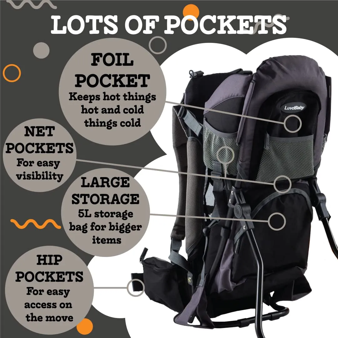 Black Hiking Baby Carrier Backpack System with Diaper Change Pad, Insulated Pocket   Hood to Protect Your Child