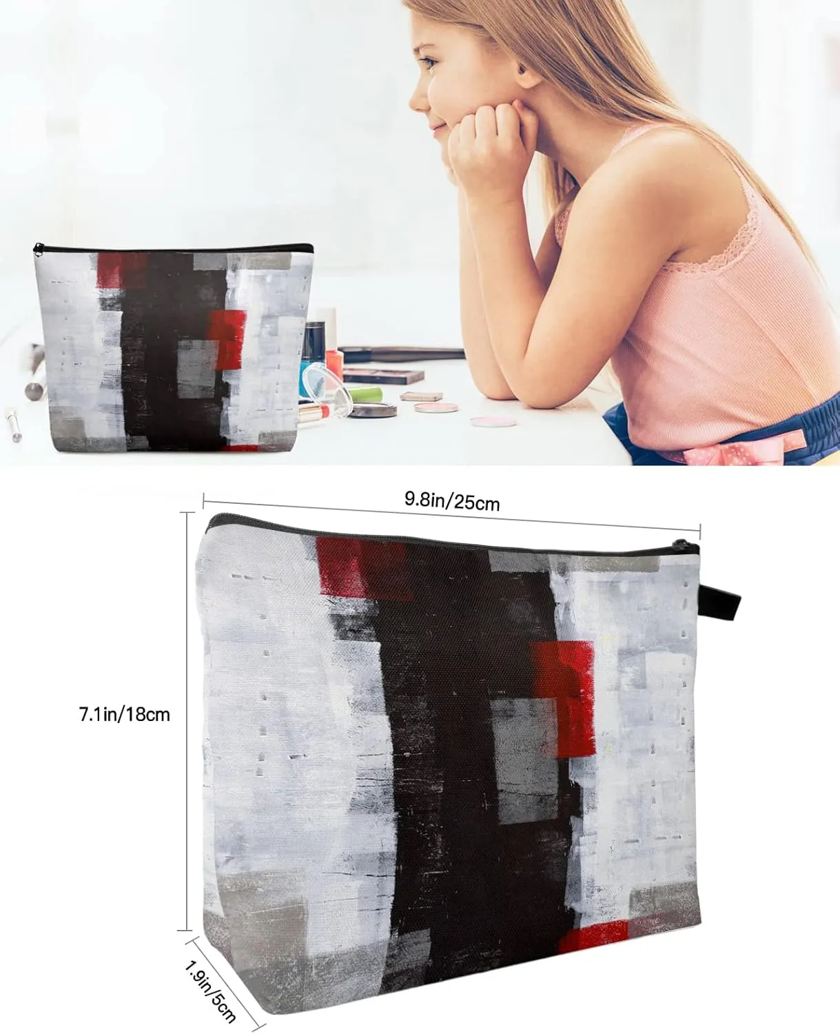 Black Red Geometric Abstract Art Cosmetic Bags for Women, Retro White Smear Painting Small Makeup Bag for Purse, Waterproof Travel Toiletry Bag Accessories Organizer, 2PCS