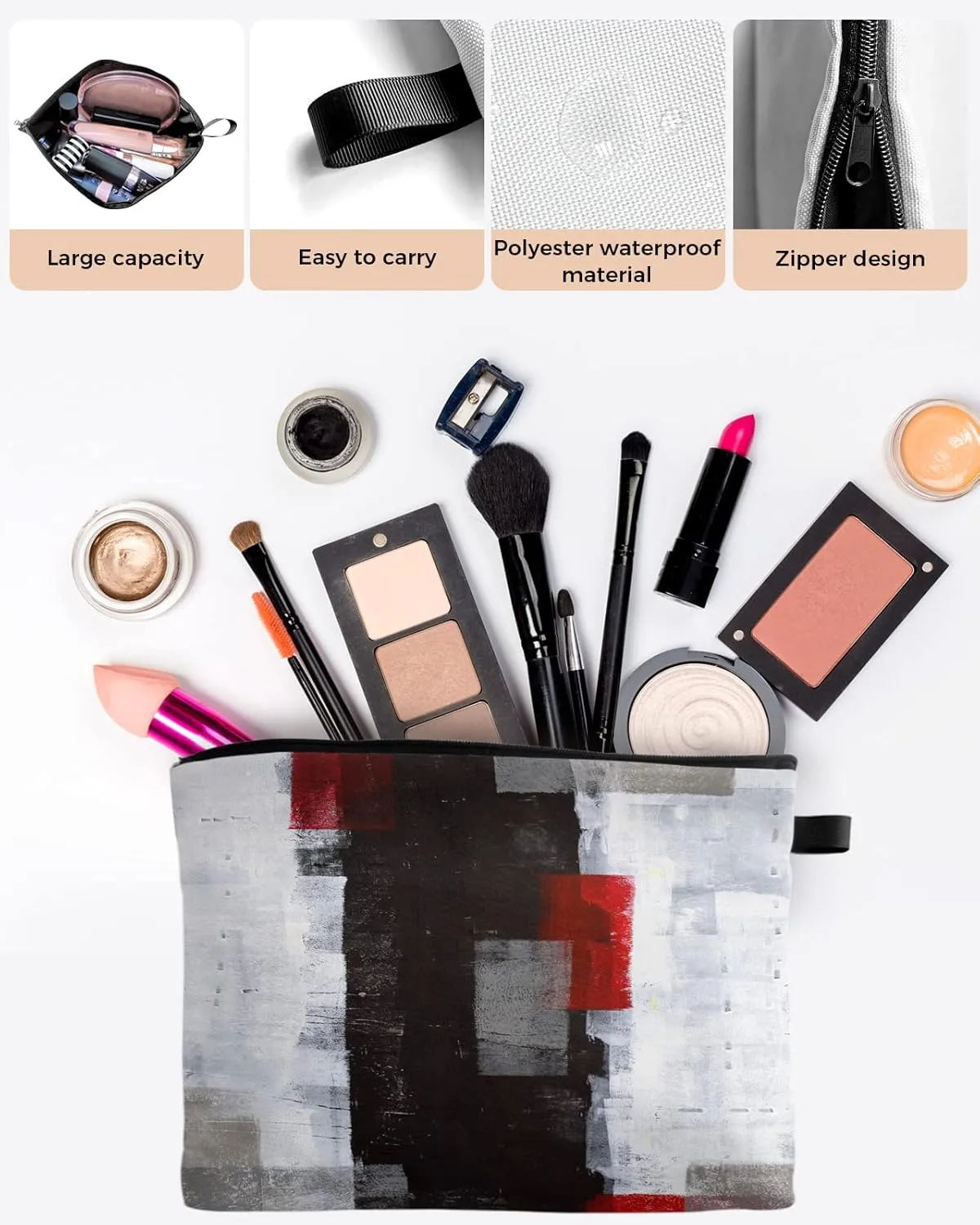 Black Red Geometric Abstract Art Cosmetic Bags for Women, Retro White Smear Painting Small Makeup Bag for Purse, Waterproof Travel Toiletry Bag Accessories Organizer, 2PCS