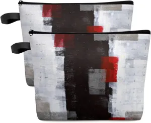 Black Red Geometric Abstract Art Cosmetic Bags for Women, Retro White Smear Painting Small Makeup Bag for Purse, Waterproof Travel Toiletry Bag Accessories Organizer, 2PCS