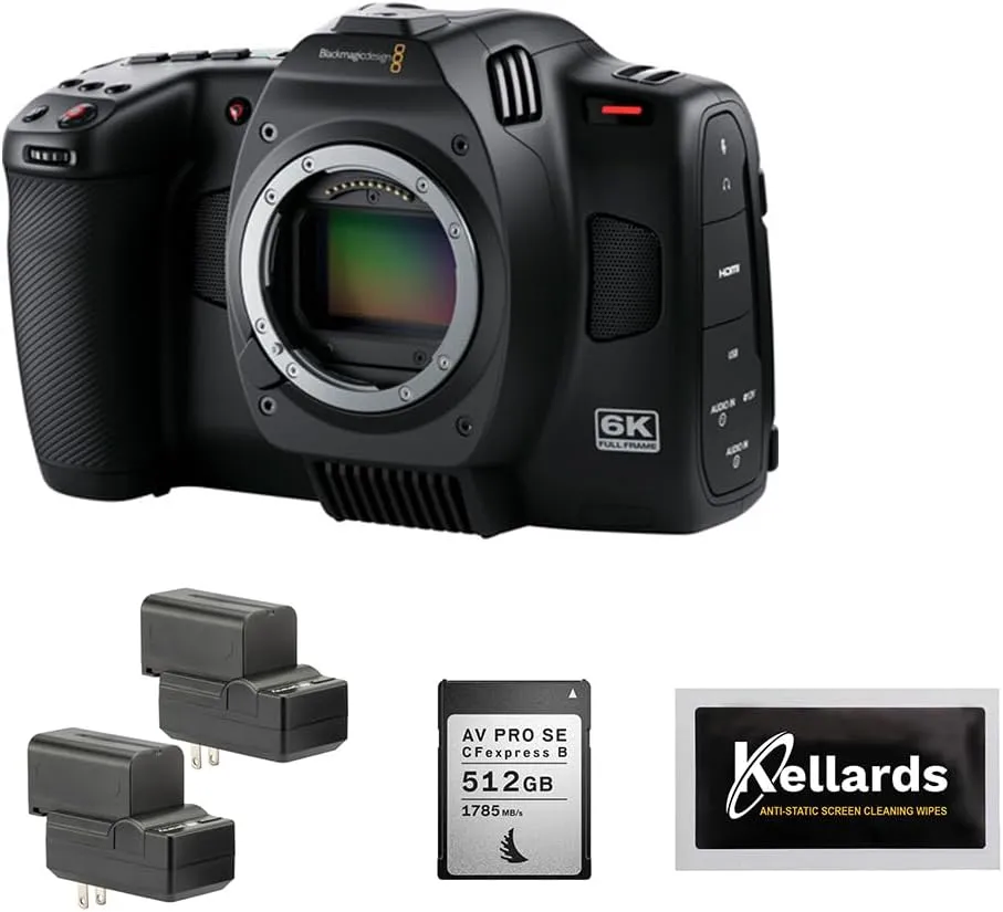 Blackmagic Design Cinema Camera 6K (BM-CINECAM60KLFL) Bundle with Angelbird 512GB Memory Card, Genaray 2x NP-F770 4400mAh Batteries & 2x Compact Chargers Kit and Anti-Static Screen Cleaning Wipes