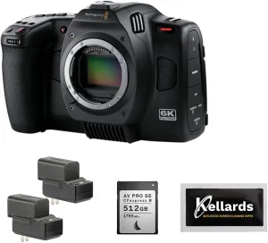 Blackmagic Design Cinema Camera 6K (BM-CINECAM60KLFL) Bundle with Angelbird 512GB Memory Card, Genaray 2x NP-F770 4400mAh Batteries & 2x Compact Chargers Kit and Anti-Static Screen Cleaning Wipes