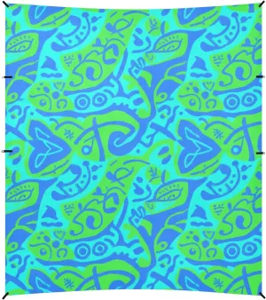 Blue-Green tie-dye Foldable Beach Tent UPF50  Water-Resistant Sun Shelter with Sandbags & Sand Shovel for Family Trips, Picnics & Camping