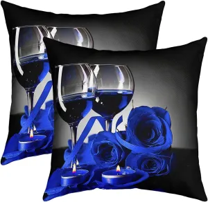 Blue Rose Throw Pillow Covers, Romantic 3D Rose Pillow Covers for Bed Sofa, Wine Glass Blossom Floral Cushion Cases, Flower Petals Valentine'S Day Decorative Square Pillow Cases, 18x18 Set of 2