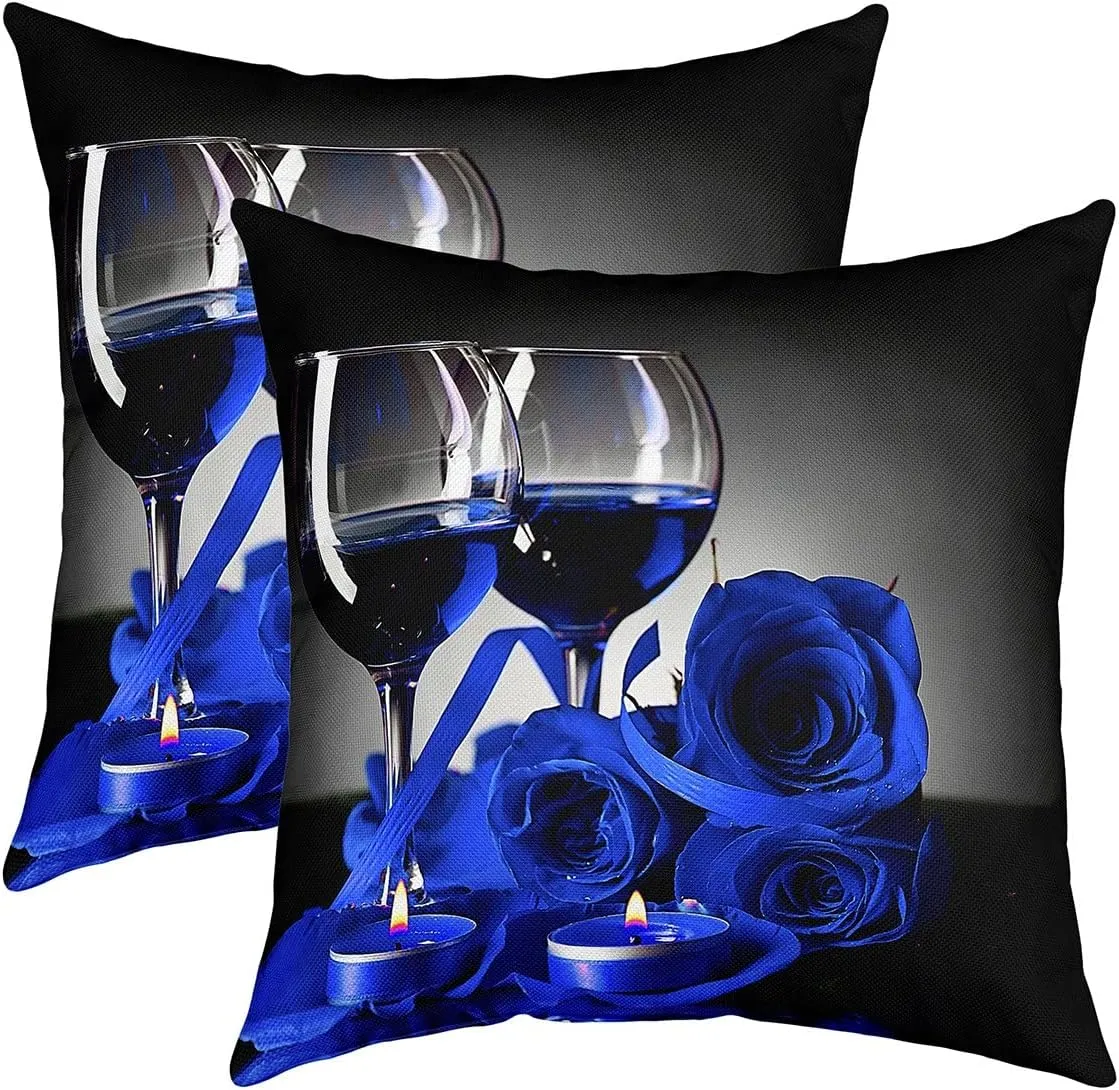 Blue Rose Throw Pillow Covers, Romantic 3D Rose Pillow Covers for Bed Sofa, Wine Glass Blossom Floral Cushion Cases, Flower Petals Valentine'S Day Decorative Square Pillow Cases, 18x18 Set of 2