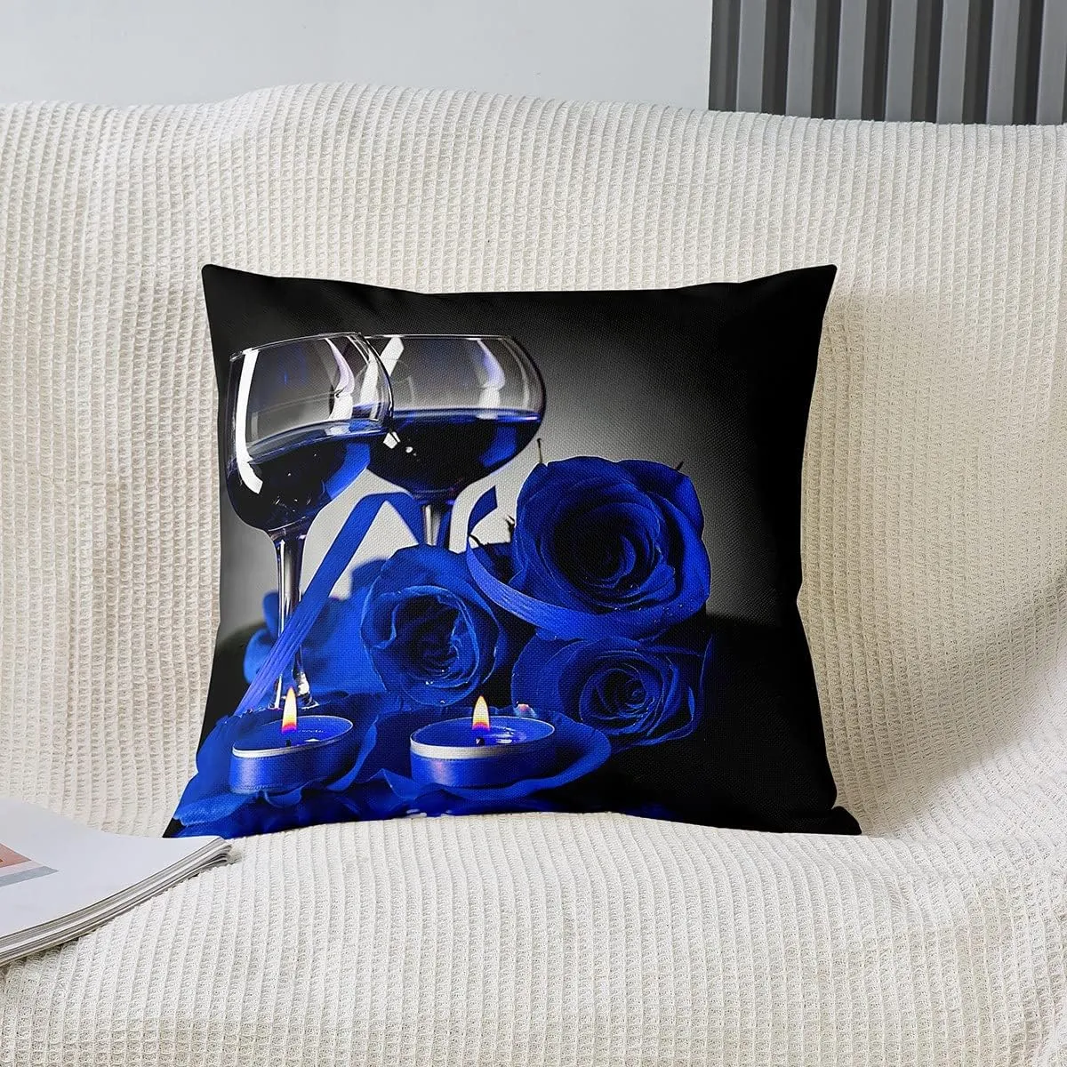 Blue Rose Throw Pillow Covers, Romantic 3D Rose Pillow Covers for Bed Sofa, Wine Glass Blossom Floral Cushion Cases, Flower Petals Valentine'S Day Decorative Square Pillow Cases, 18x18 Set of 2