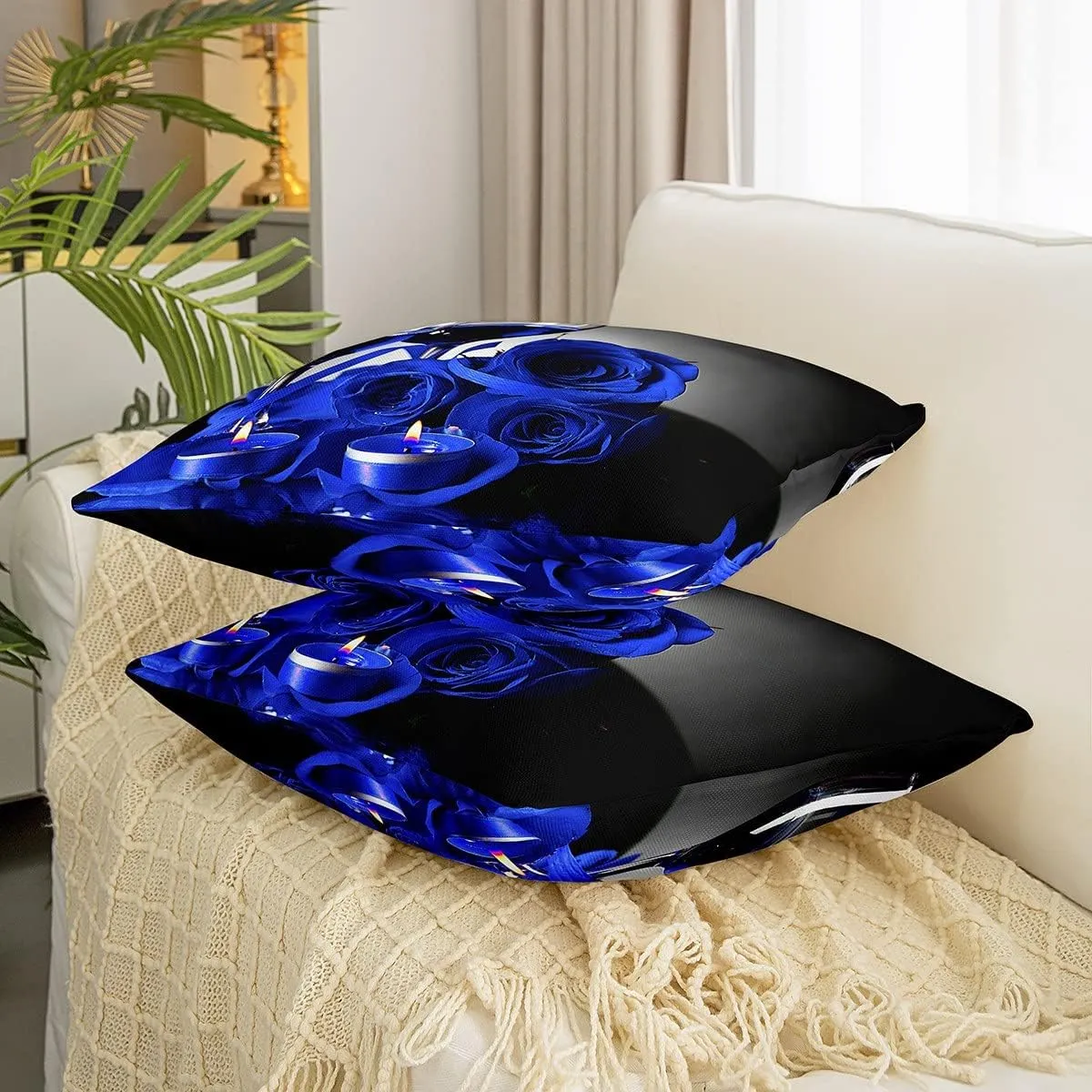 Blue Rose Throw Pillow Covers, Romantic 3D Rose Pillow Covers for Bed Sofa, Wine Glass Blossom Floral Cushion Cases, Flower Petals Valentine'S Day Decorative Square Pillow Cases, 18x18 Set of 2
