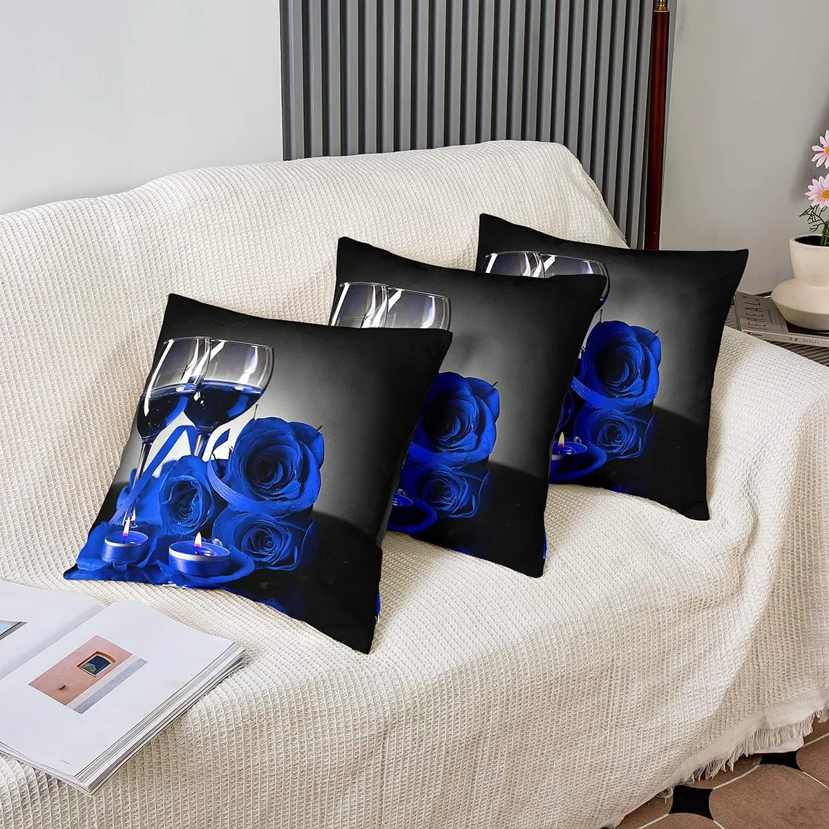 Blue Rose Throw Pillow Covers, Romantic 3D Rose Pillow Covers for Bed Sofa, Wine Glass Blossom Floral Cushion Cases, Flower Petals Valentine'S Day Decorative Square Pillow Cases, 18x18 Set of 2