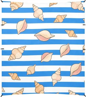 Blue White Striped sea Shell Foldable Beach Canopy UPF50 Water-Resistant Large Sun Shade with Carrying Bag for Camping, Fishing, Backyard Fun