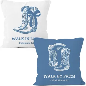 Blue White Western Christian Throw Pillow Covers 18x18 Set of 2, Cowgirl Boot Decor Pillow Cases for Teen Girls Dorm Bedroom, Bible Bow Walk in Love Decorative Pillowcases for Couch Bed Sofa