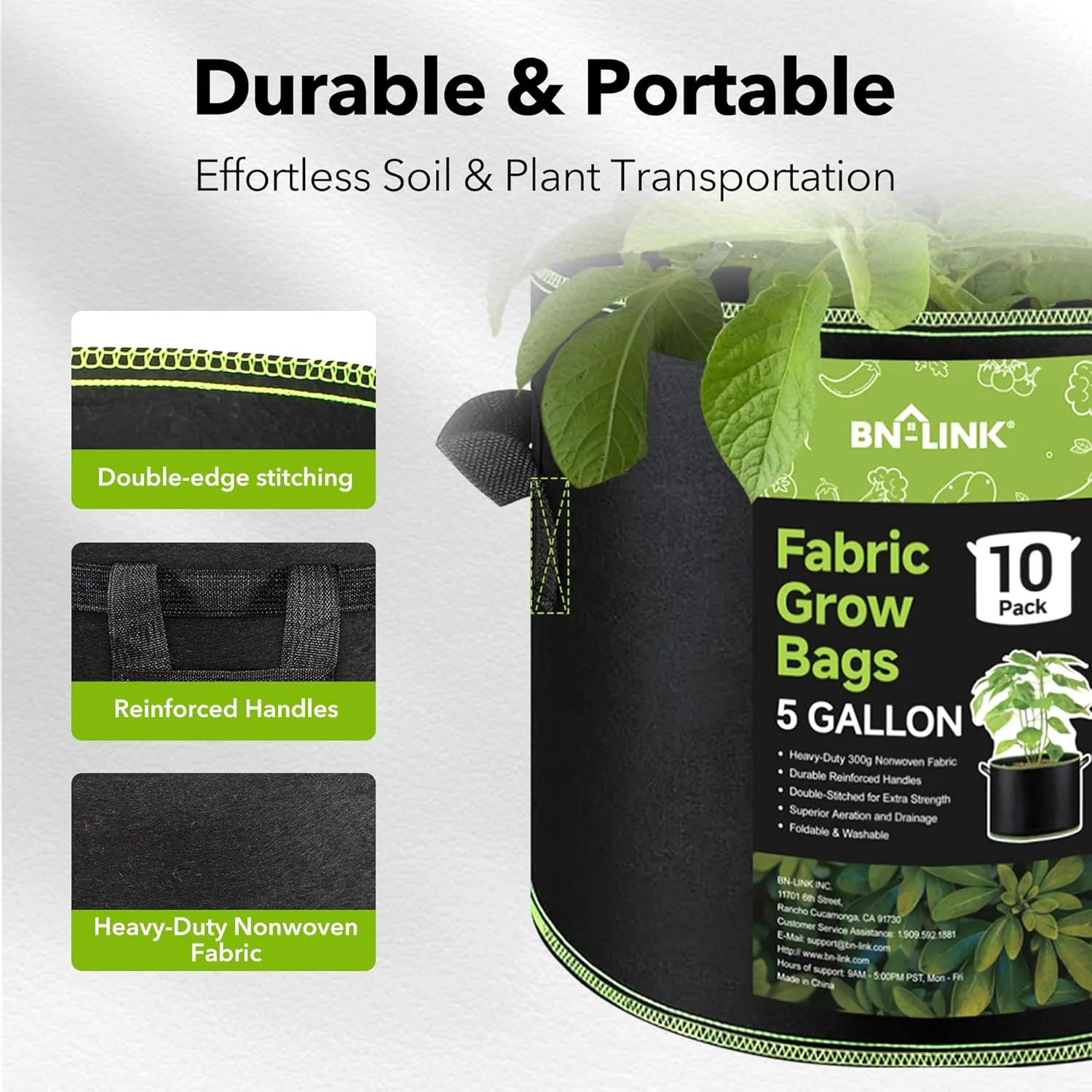 BN-LINK 10-Pack 5 Gallon Grow Bags, Heavy Duty Aeration Fabric Pots with Handles, Thickened Nonwoven Plant Bags for Vegetables, Flowers, Fruits
