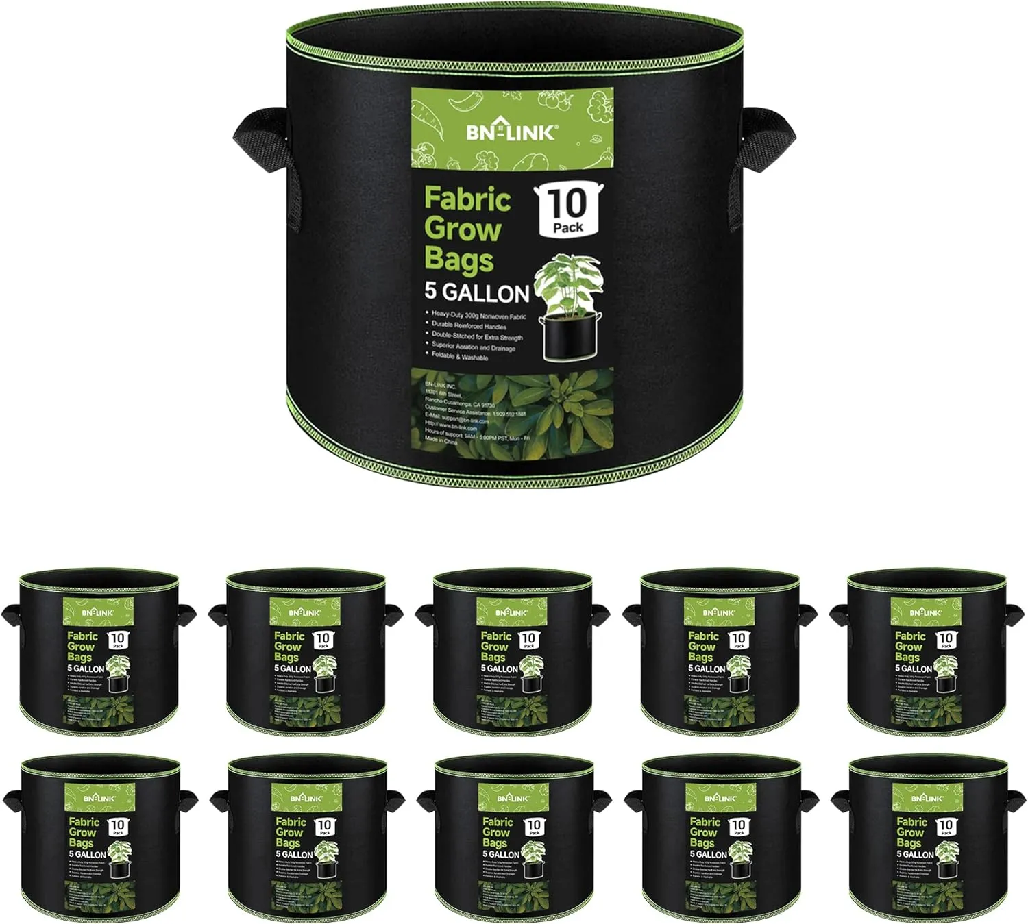 BN-LINK 10-Pack 5 Gallon Grow Bags, Heavy Duty Aeration Fabric Pots with Handles, Thickened Nonwoven Plant Bags for Vegetables, Flowers, Fruits