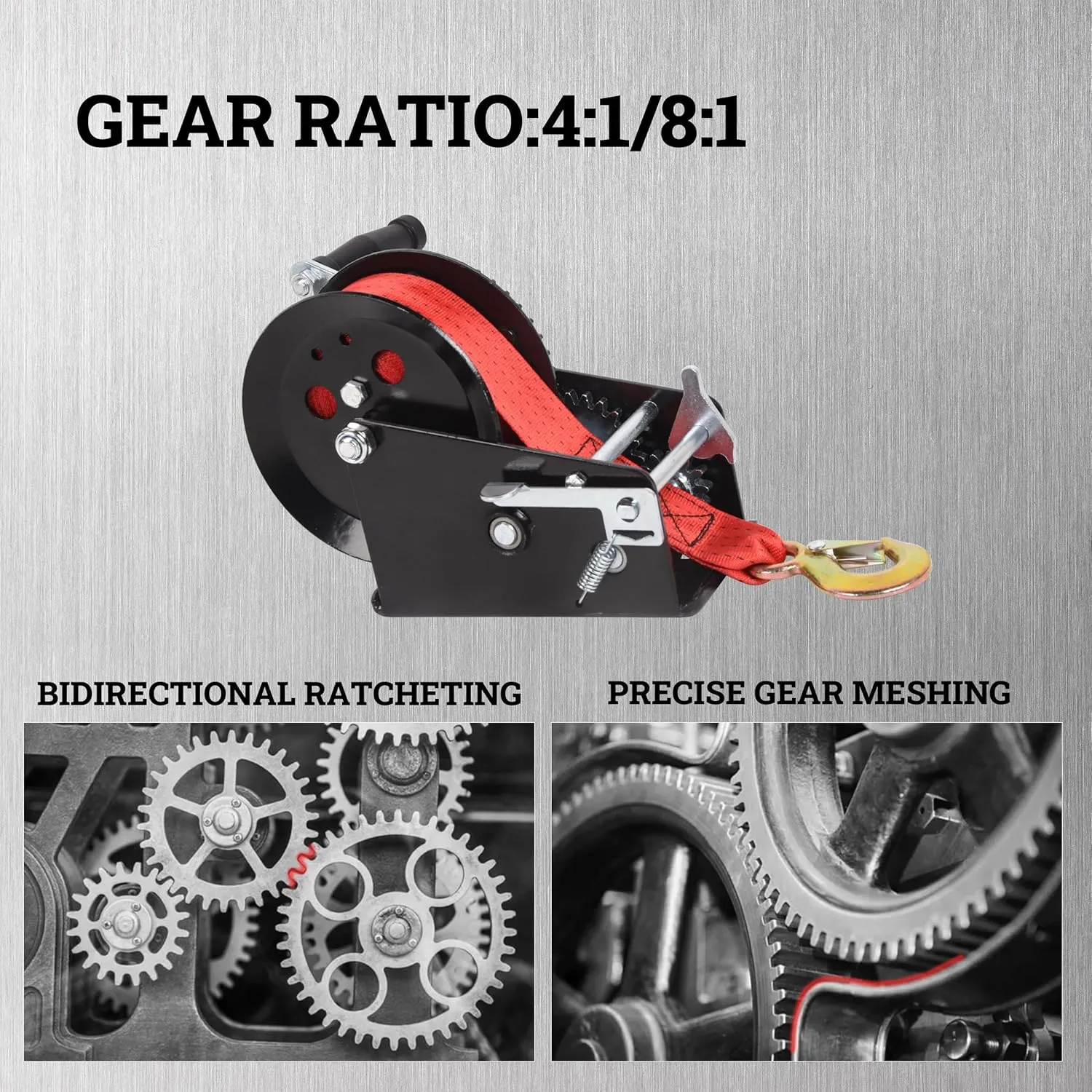 Boat Trailer Winch Hand Winch 3500lbs Heavy Duty Hook with 33ft Red Polyester Strap, Two Way Ratchet Portable Manual Winch for Trailers ATV UTV Boat Marine