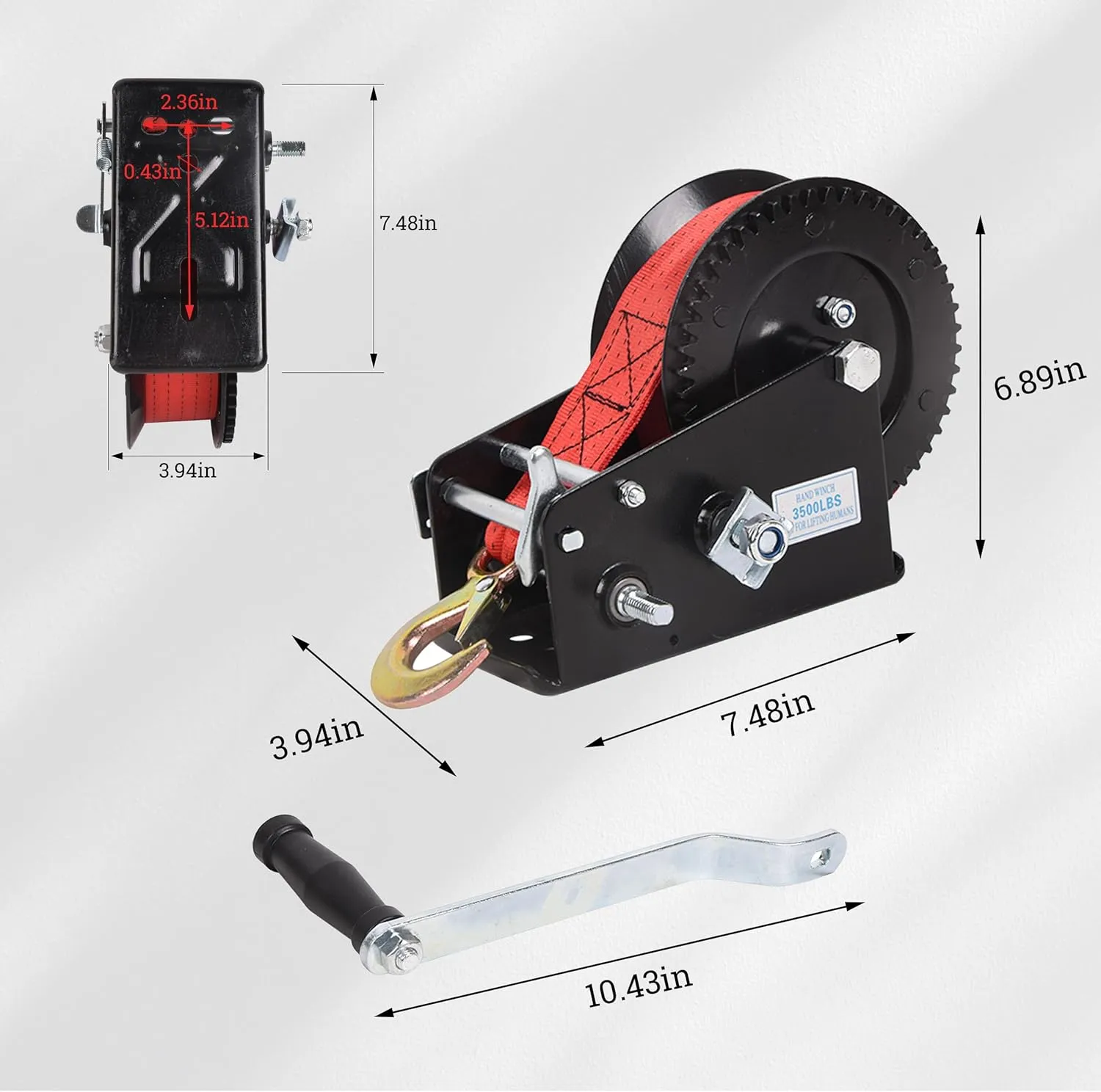 Boat Trailer Winch Hand Winch 3500lbs Heavy Duty Hook with 33ft Red Polyester Strap, Two Way Ratchet Portable Manual Winch for Trailers ATV UTV Boat Marine