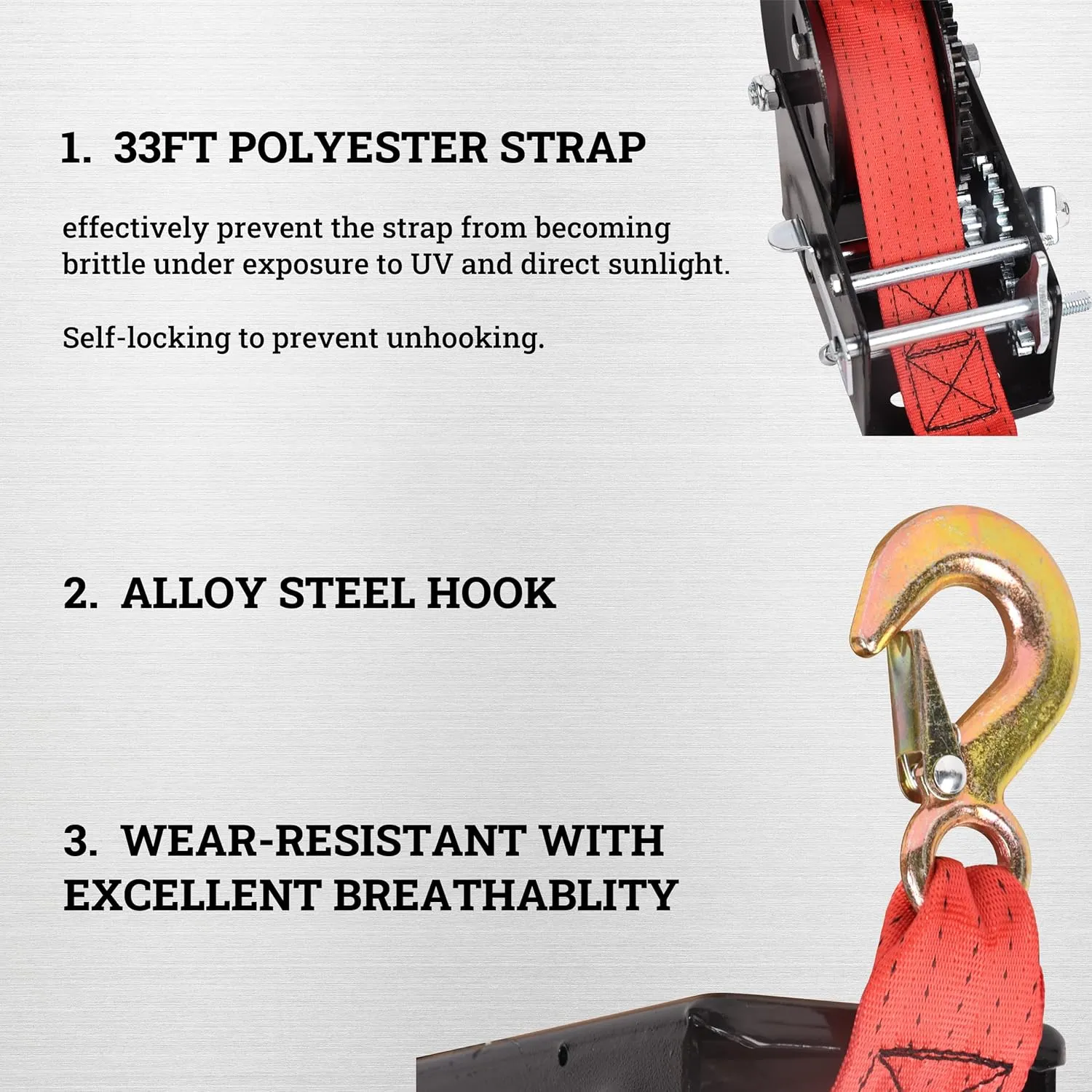 Boat Trailer Winch Hand Winch 3500lbs Heavy Duty Hook with 33ft Red Polyester Strap, Two Way Ratchet Portable Manual Winch for Trailers ATV UTV Boat Marine